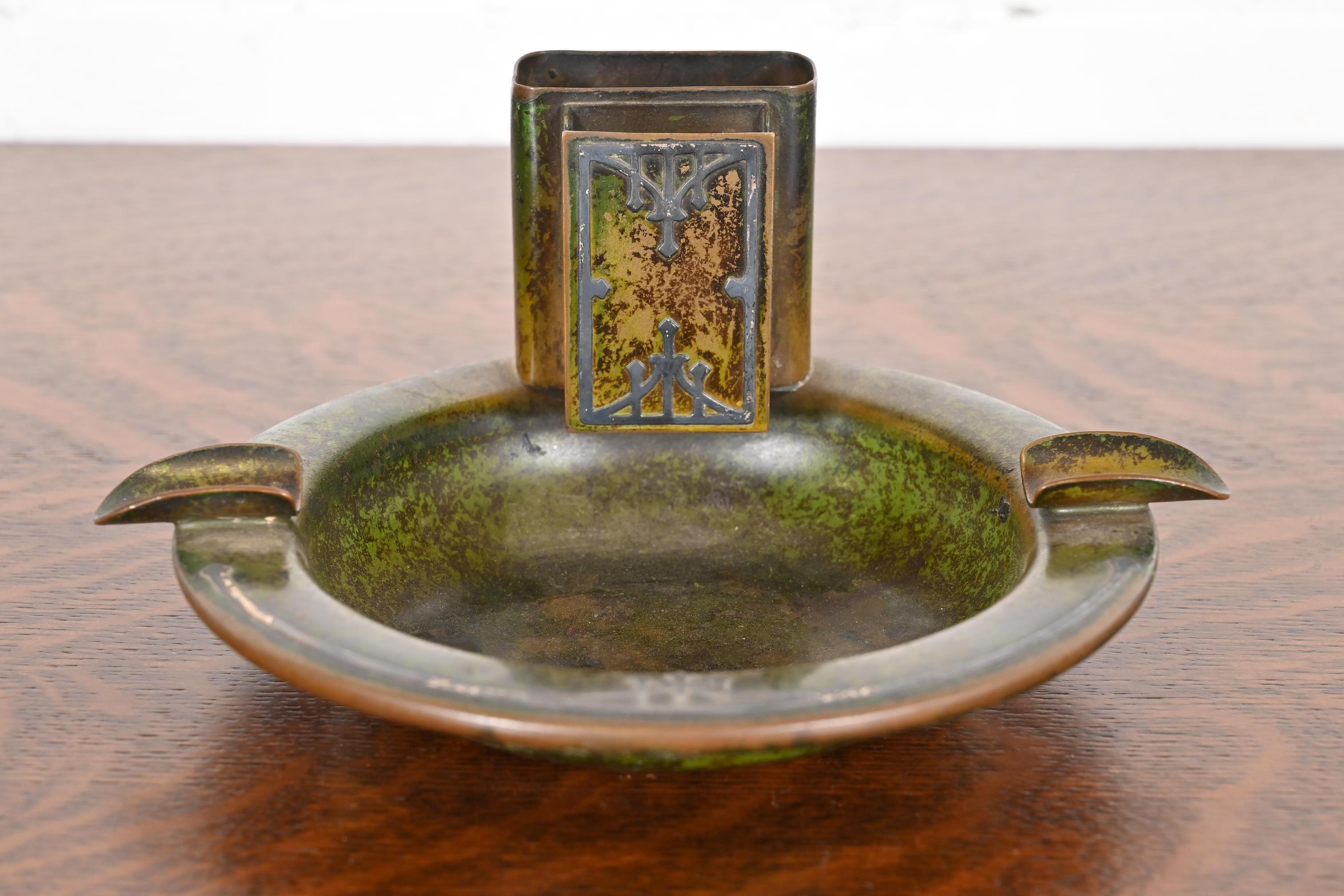 American Heintz Arts & Crafts Sterling Silver on Bronze Ashtray With Match Box Holder