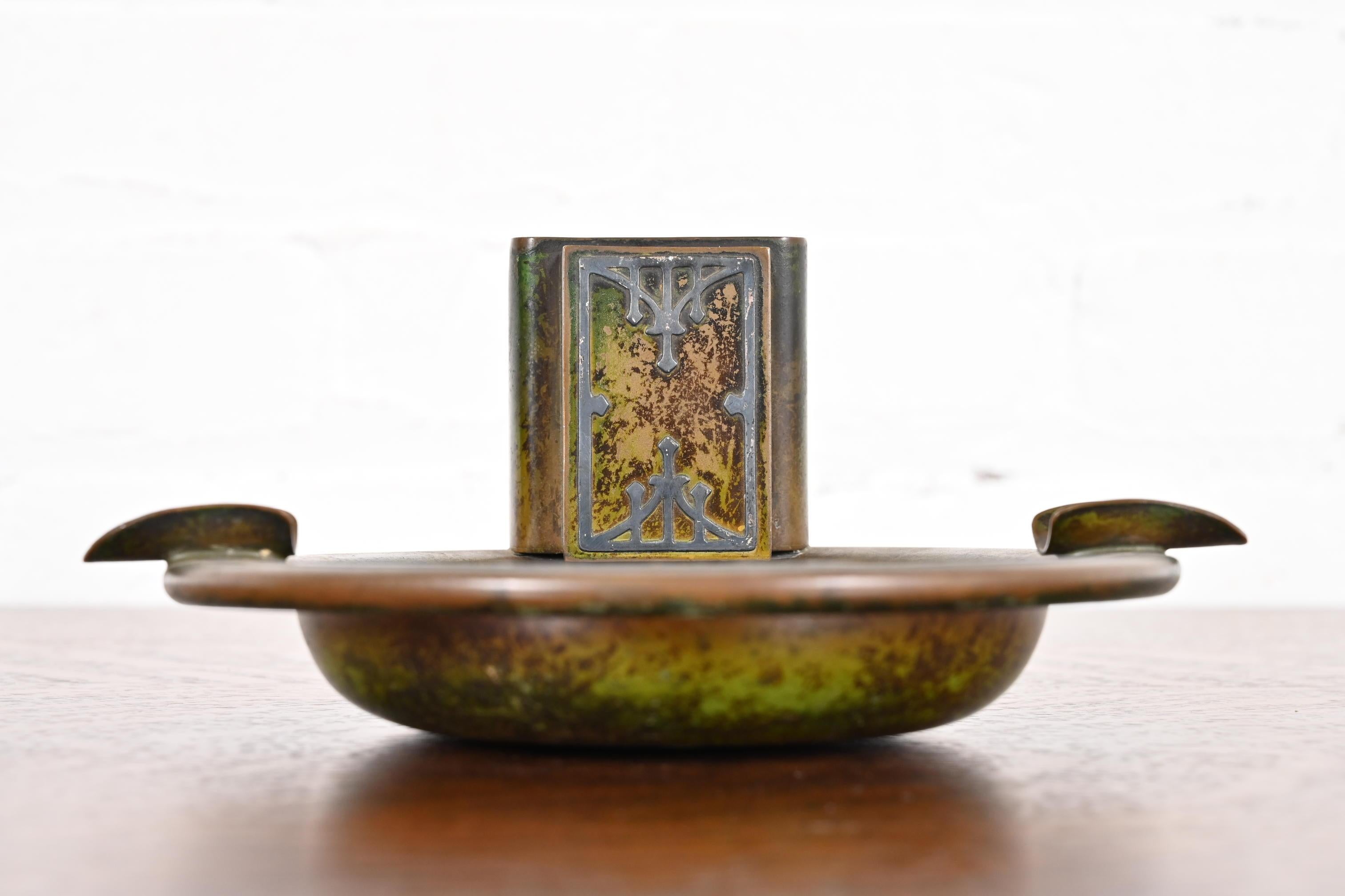 Heintz Arts & Crafts Sterling Silver on Bronze Ashtray With Match Box Holder In Good Condition In South Bend, IN