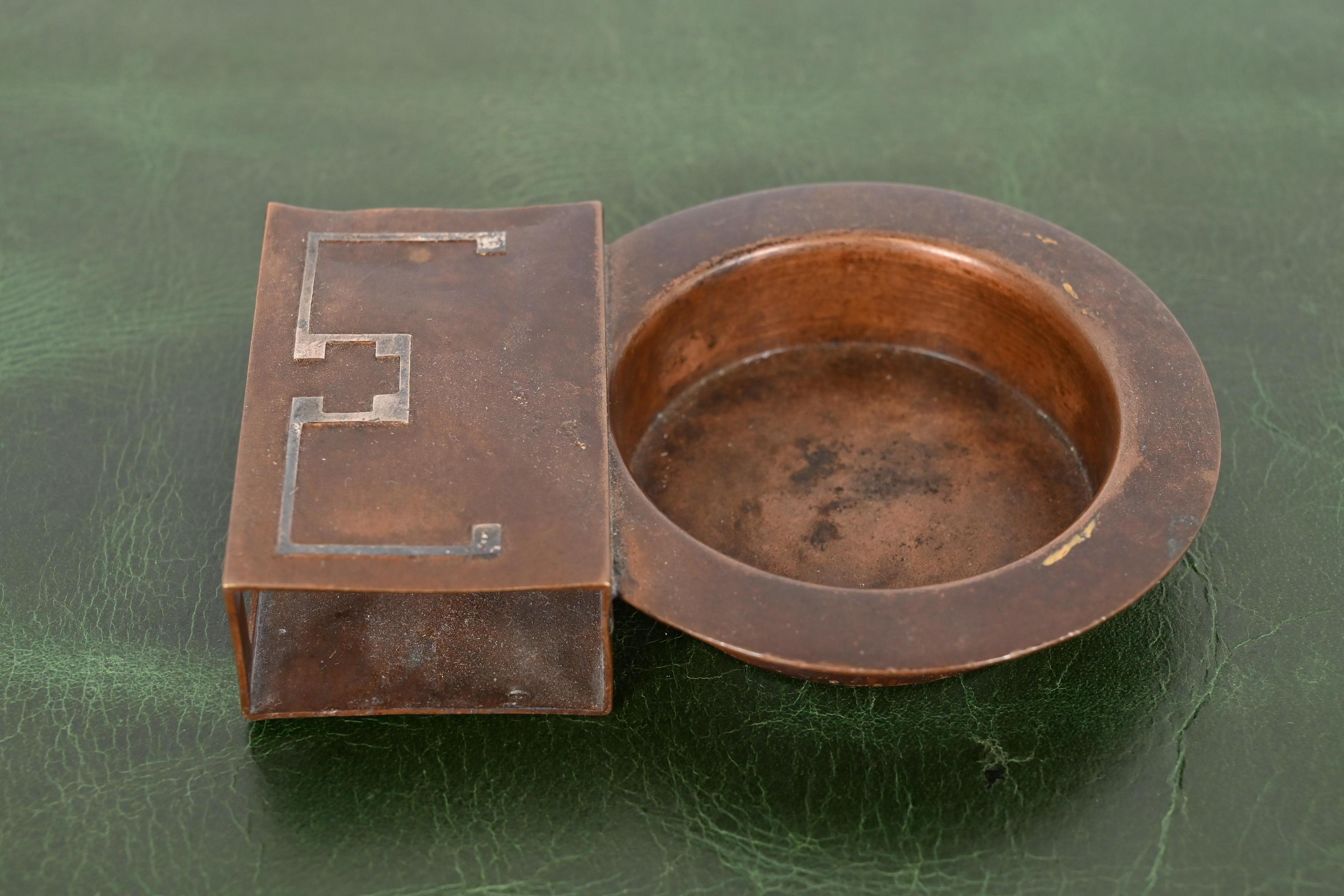 20th Century Heintz Arts & Crafts Sterling Silver on Bronze Ashtray With Match Box Holder For Sale