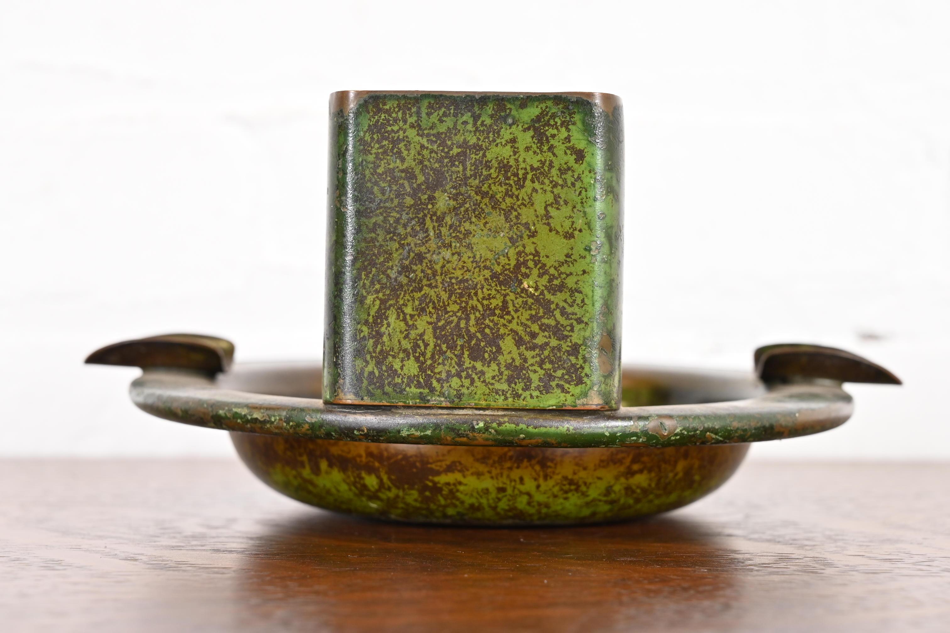 20th Century Heintz Arts & Crafts Sterling Silver on Bronze Ashtray With Match Box Holder