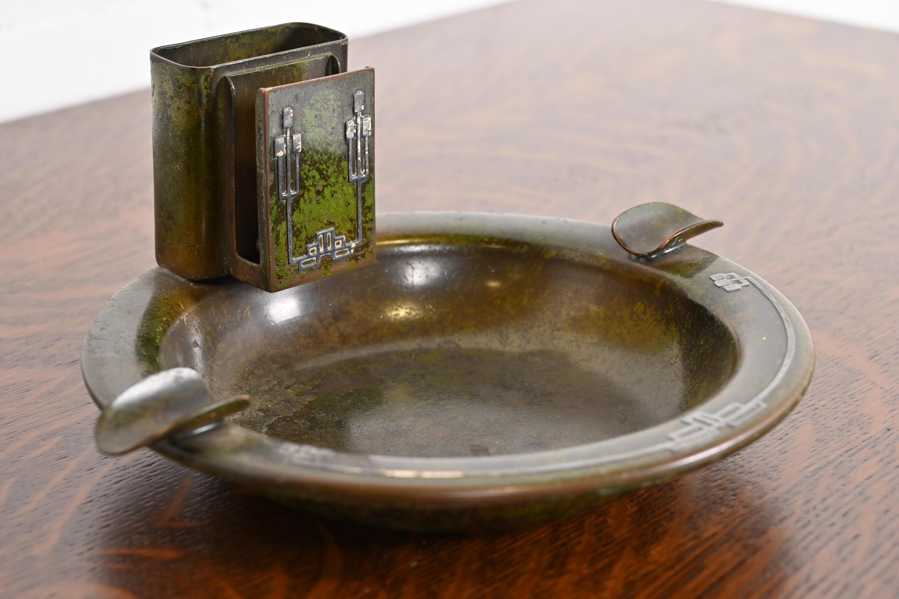 Arts and Crafts Heintz Arts & Crafts Sterling Silver on Bronze Ashtray With Matchstick Holder