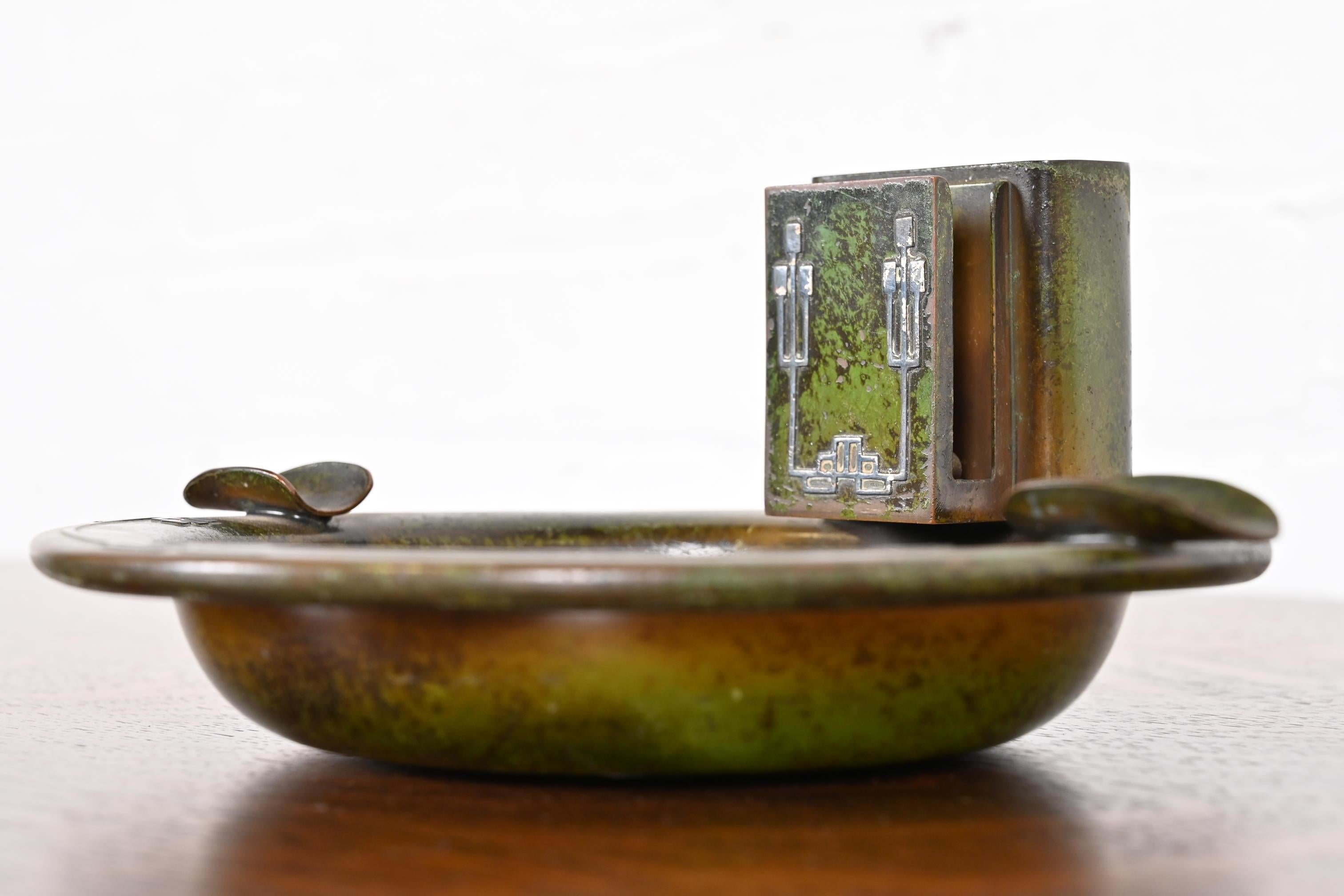 American Heintz Arts & Crafts Sterling Silver on Bronze Ashtray With Matchstick Holder