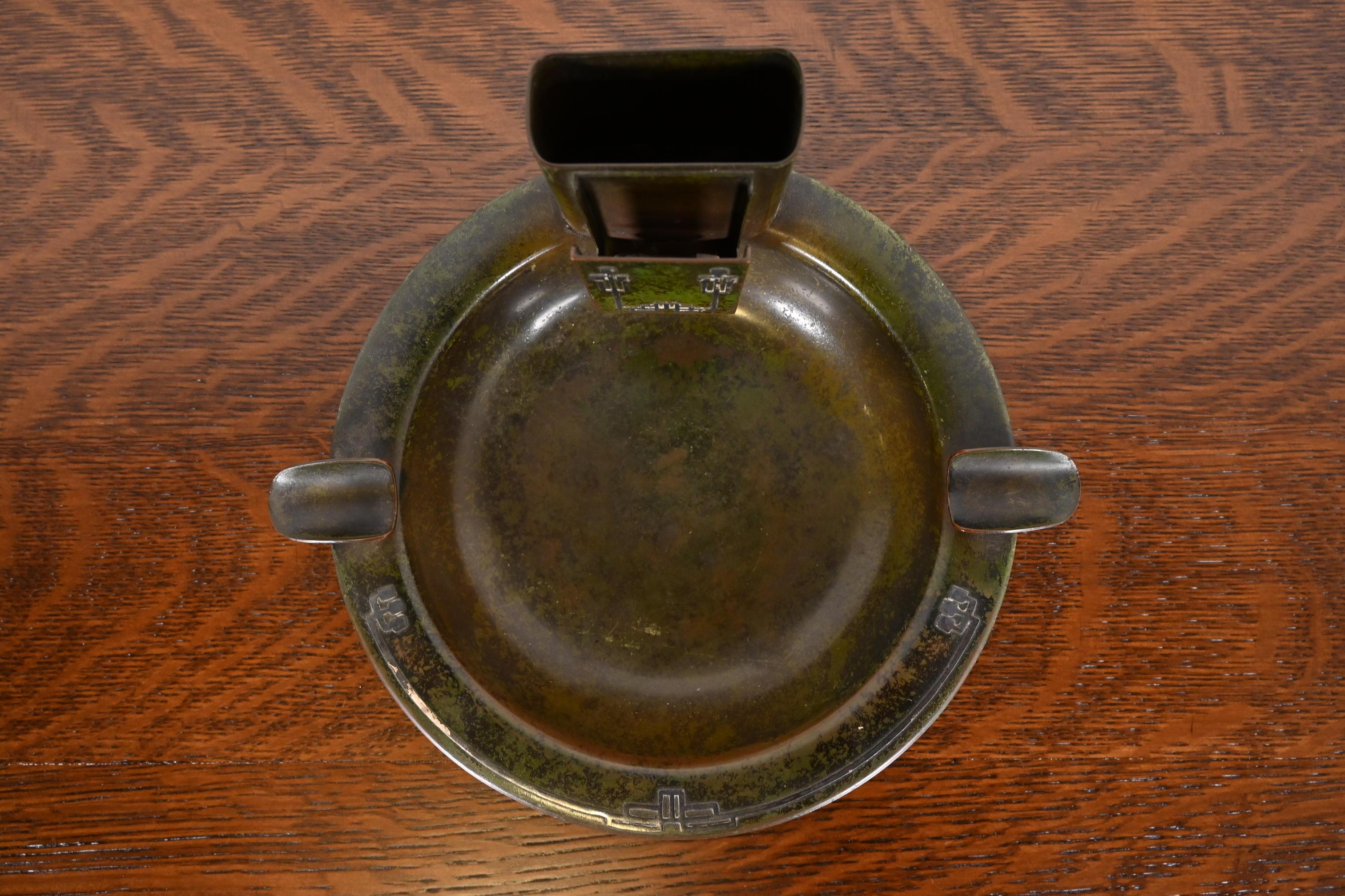 Heintz Arts & Crafts Sterling Silver on Bronze Ashtray With Matchstick Holder In Good Condition In South Bend, IN