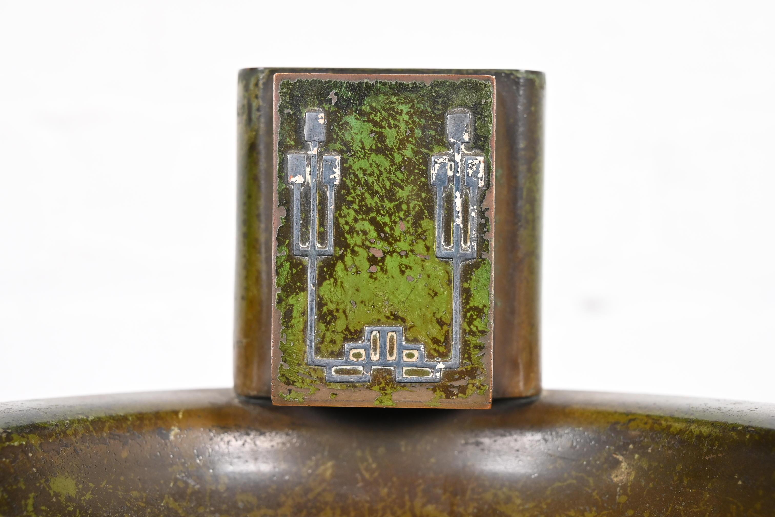 20th Century Heintz Arts & Crafts Sterling Silver on Bronze Ashtray With Matchstick Holder