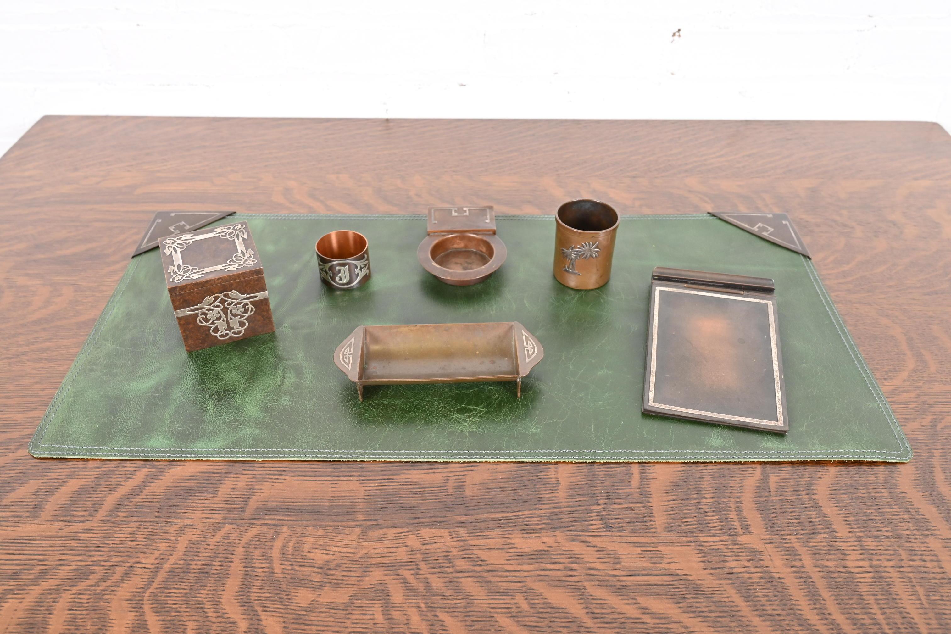 Heintz Arts & Crafts Sterling Silver on Bronze Blotter Corners With Leather Pad For Sale 4