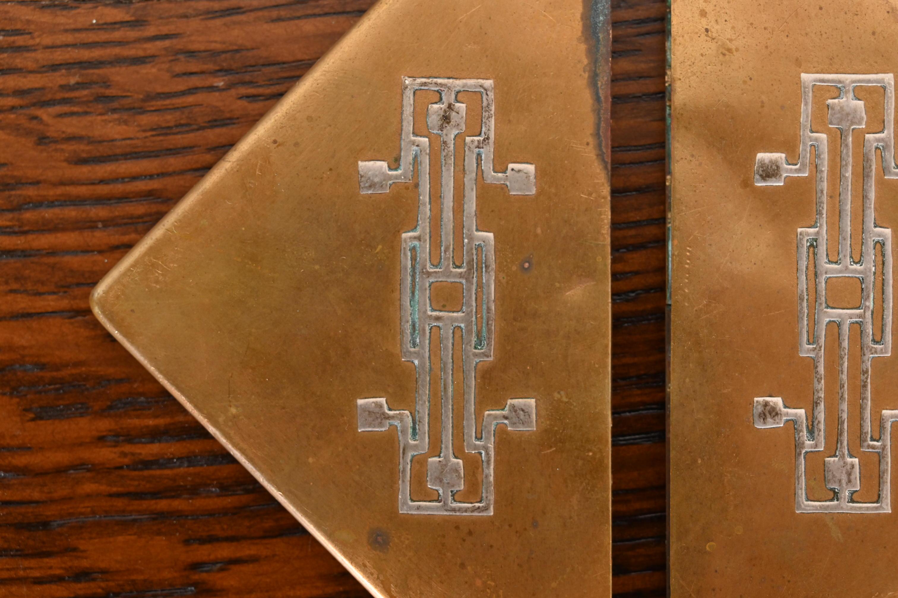 Heintz Arts & Crafts Sterling Silver on Bronze Blotter Corners With Leather Pad For Sale 2