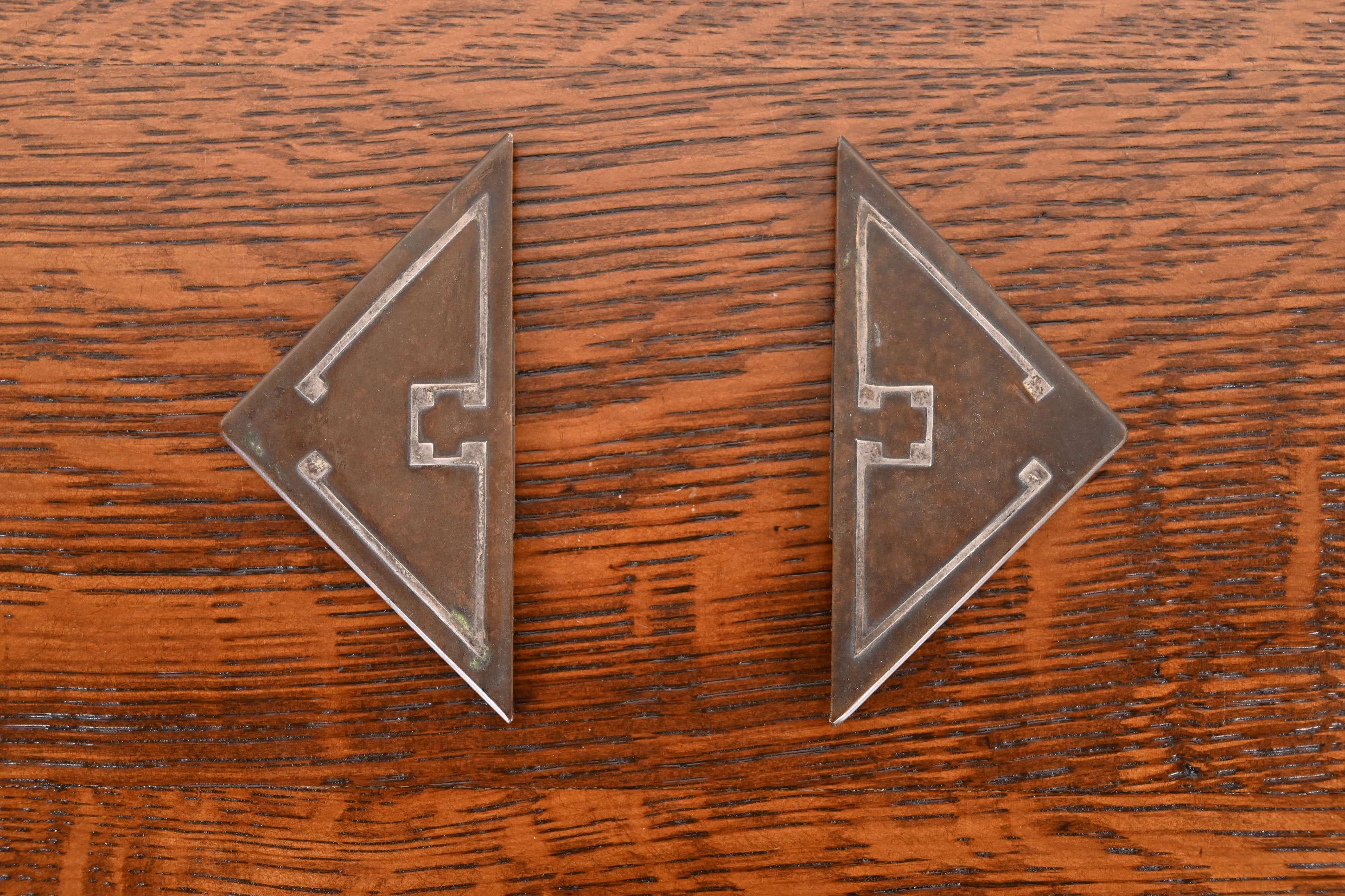 Heintz Arts & Crafts Sterling Silver on Bronze Blotter Corners With Leather Pad For Sale 2