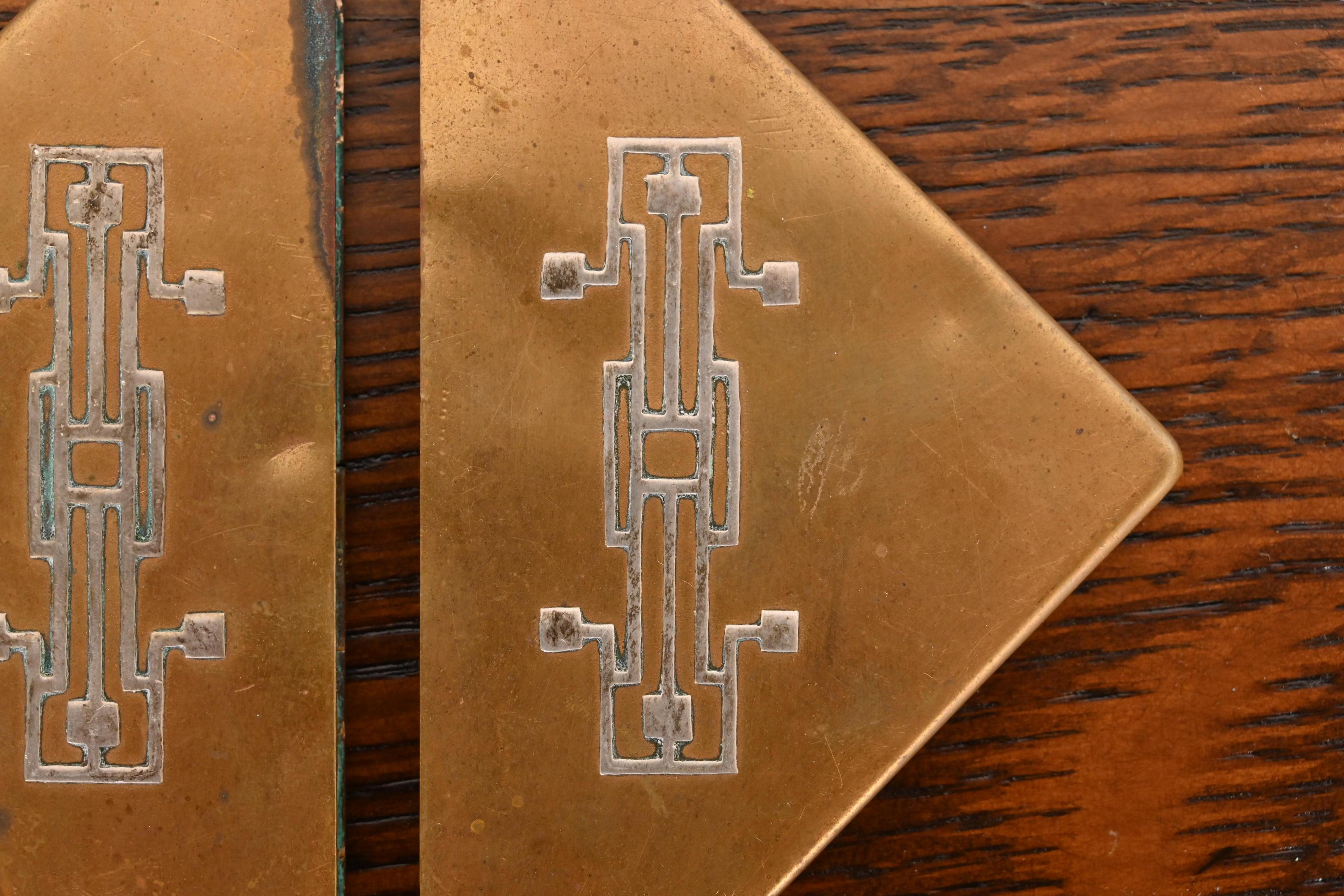 Heintz Arts & Crafts Sterling Silver on Bronze Blotter Corners With Leather Pad For Sale 3