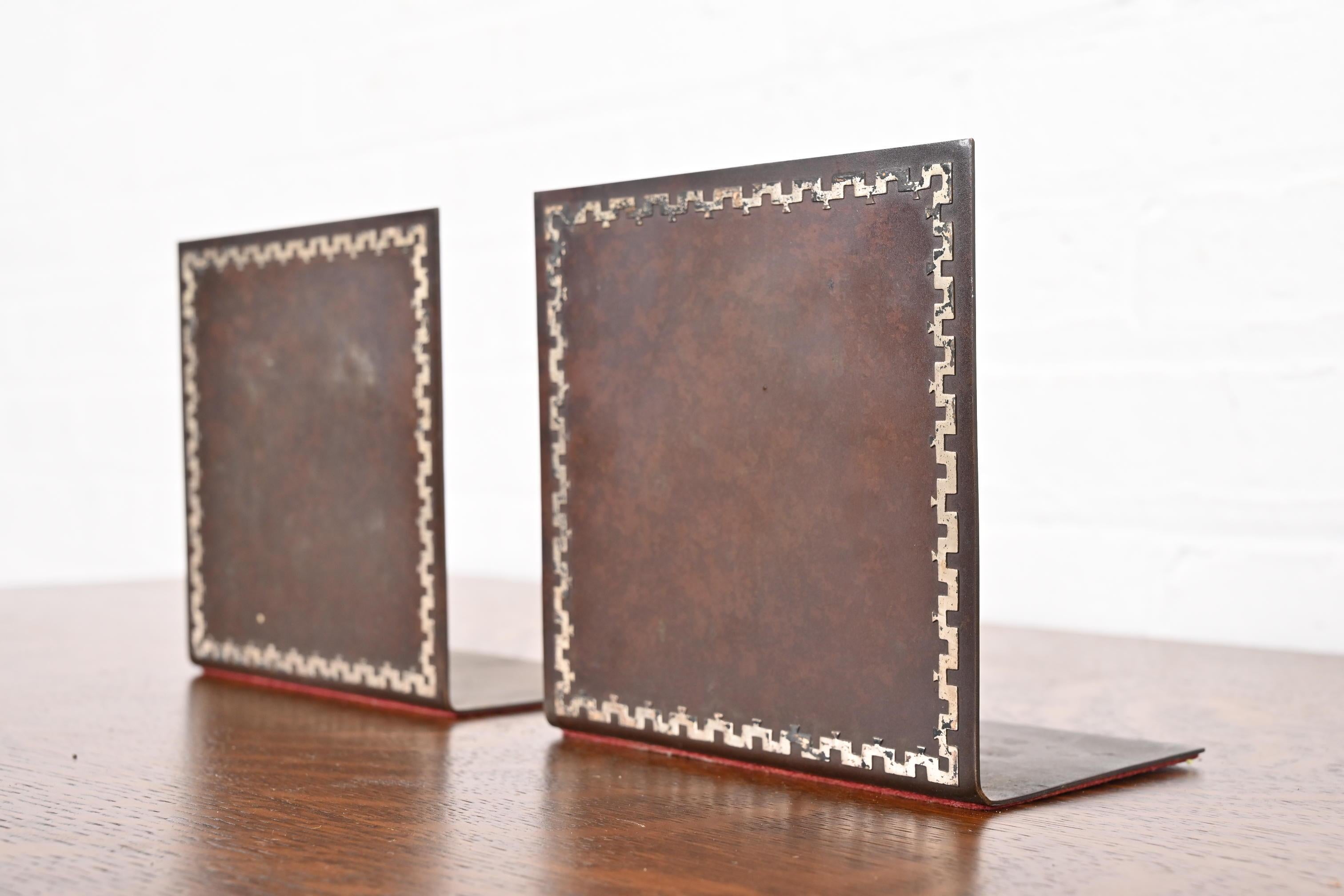 Arts and Crafts Heintz Arts & Crafts Sterling Silver on Bronze Bookends For Sale