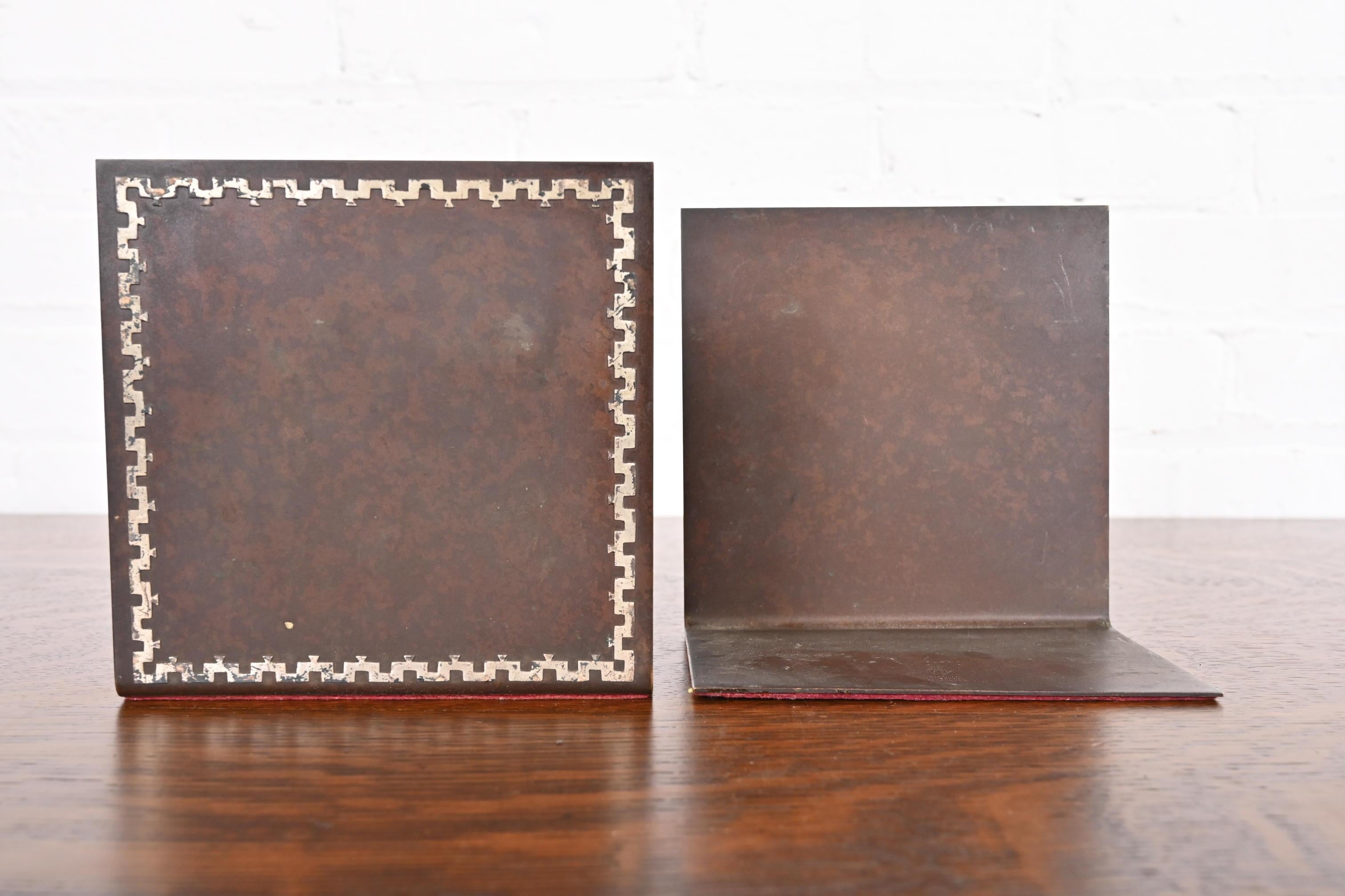 Heintz Arts & Crafts Sterling Silver on Bronze Bookends In Good Condition For Sale In South Bend, IN