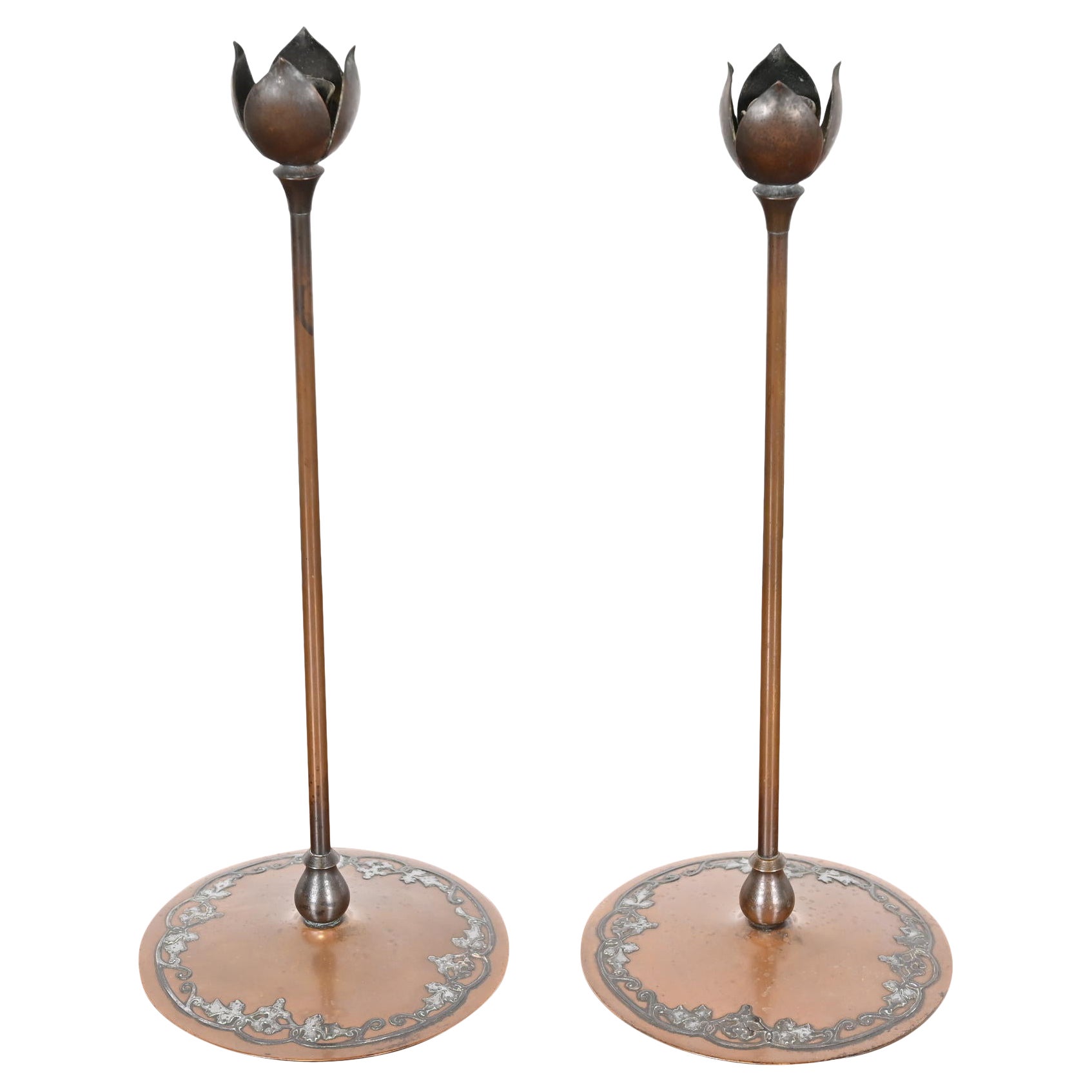 Heintz Arts & Crafts Sterling Silver on Bronze Candlesticks, Pair