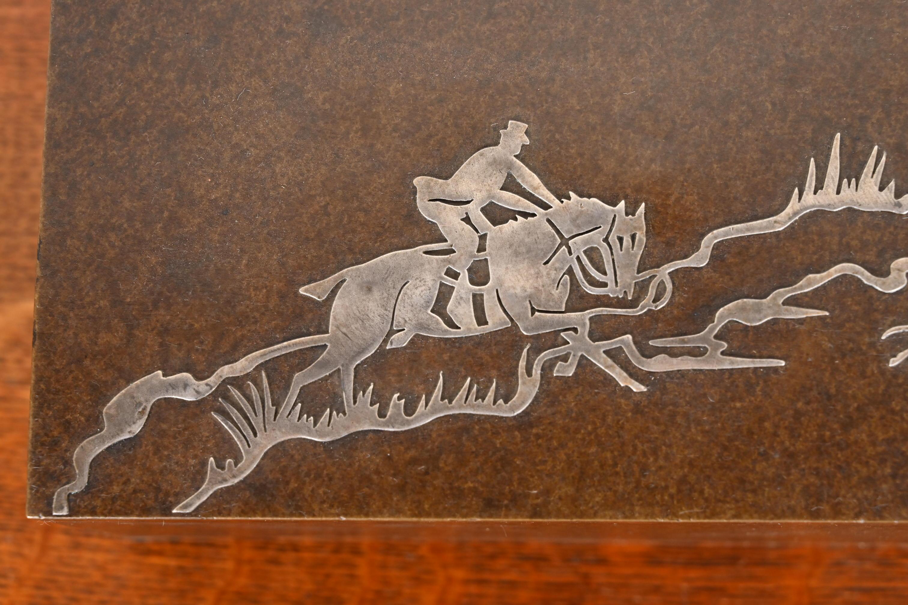 Boîte d'humidité Heintz Arts & Crafts en argent sterling sur bronze avec scène de chasse de renard en vente 2