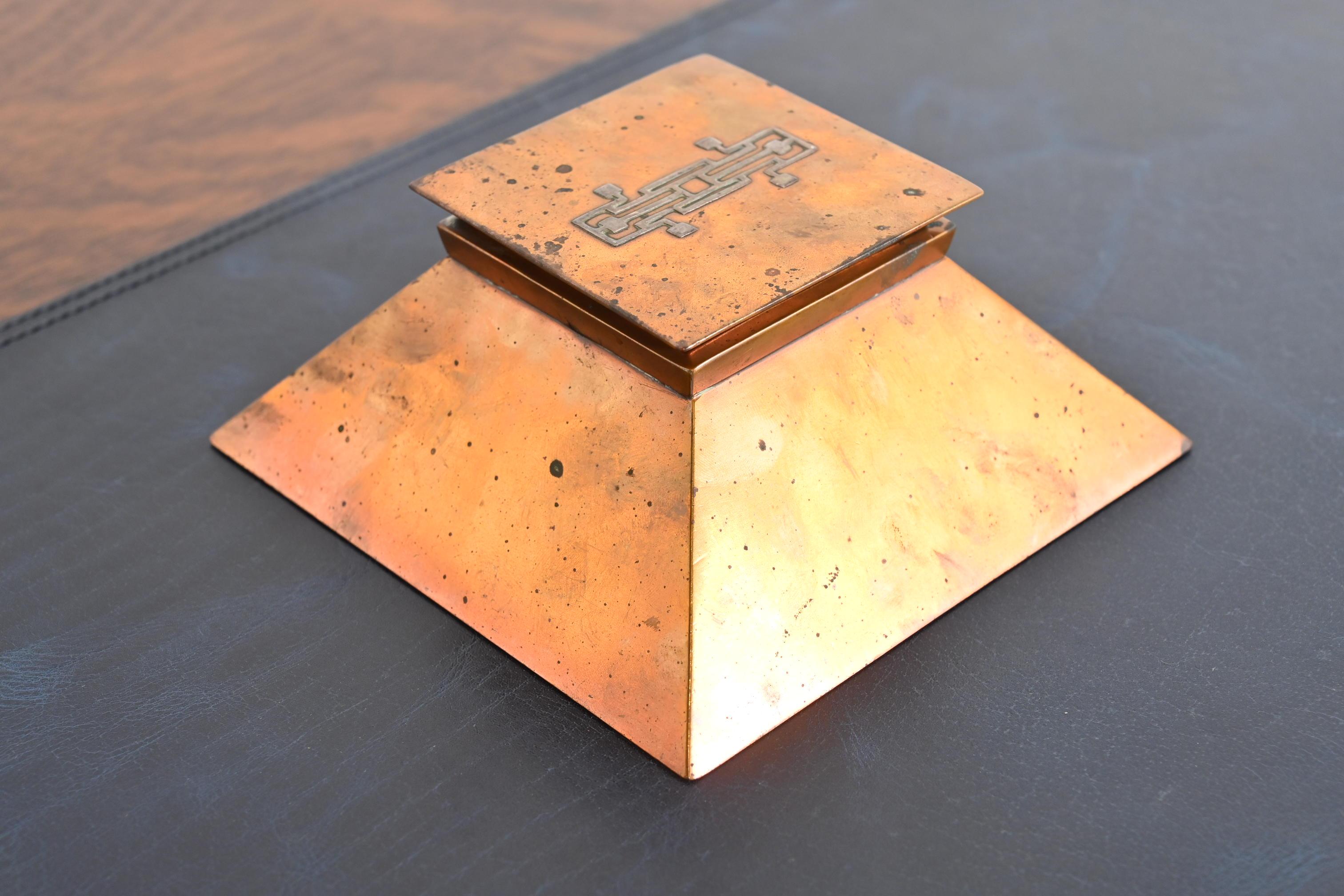 American Heintz Arts & Crafts Sterling Silver on Bronze Inkwell For Sale