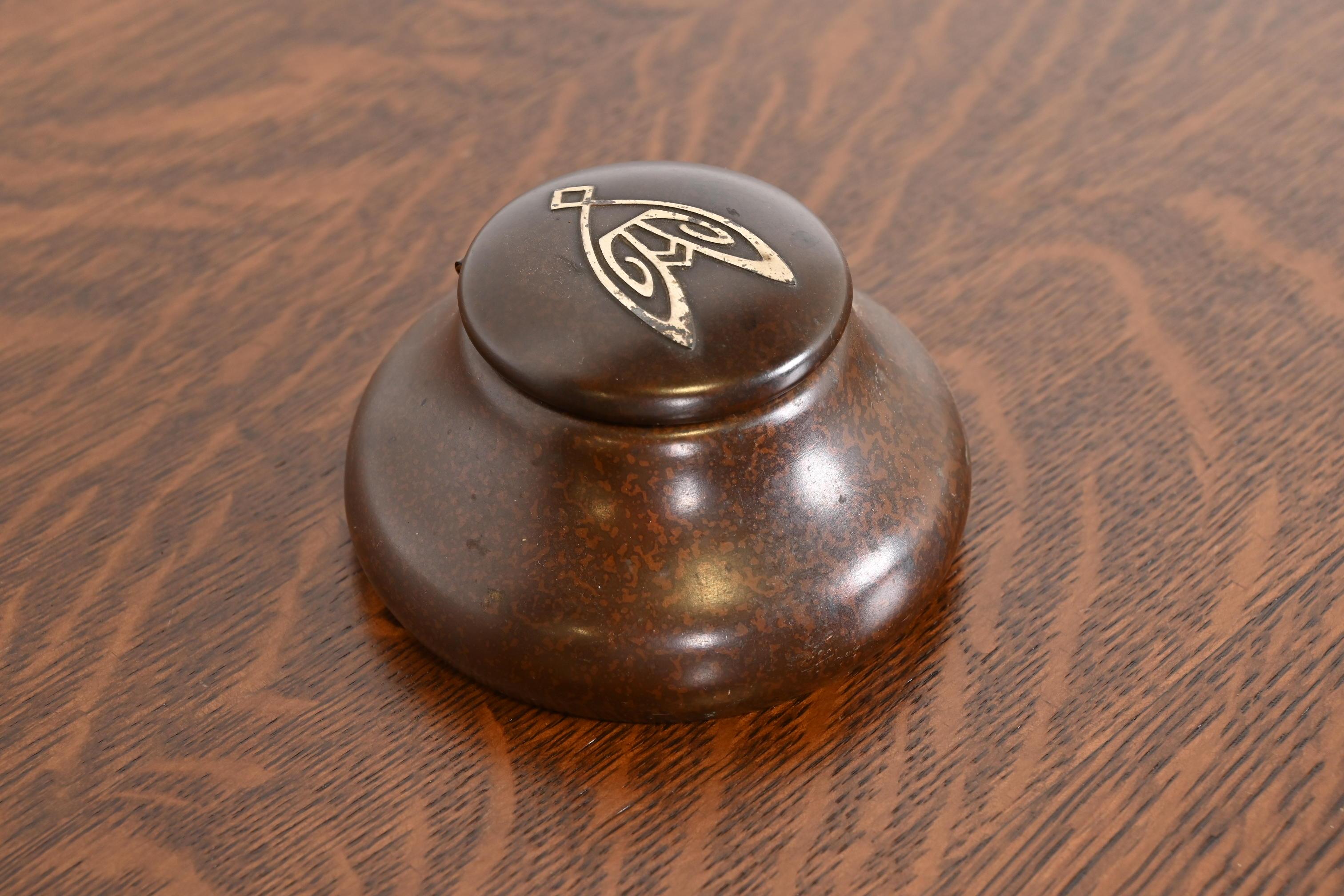 Heintz Arts & Crafts Sterling Silver on Bronze Inkwell In Good Condition In South Bend, IN