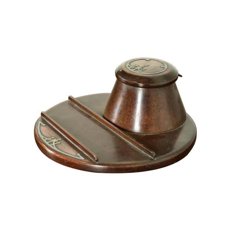 Heintz Arts & Crafts Sterling Silver on Bronze Inkwell With Pen Tray