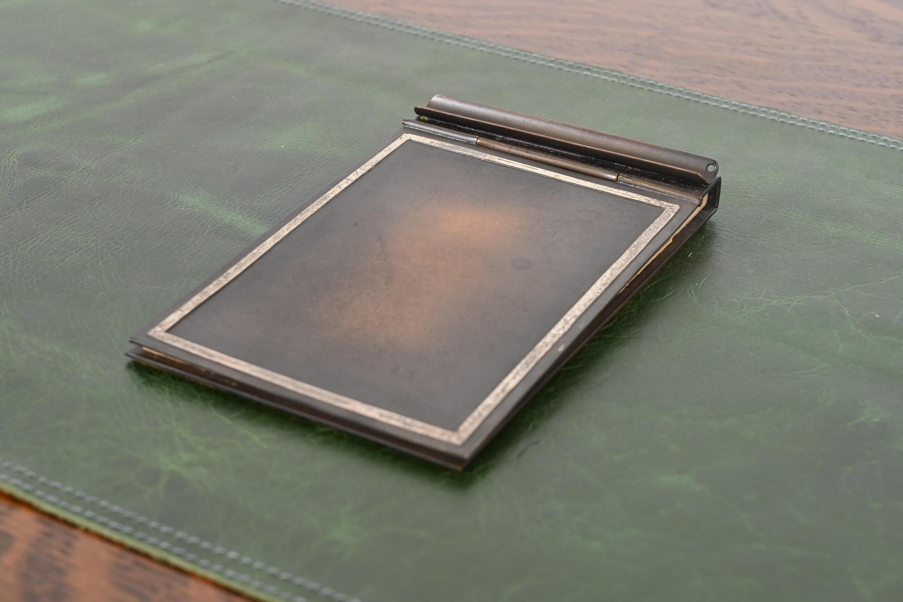 Arts and Crafts Heintz Arts & Crafts Sterling Silver on Bronze Notepad Holder With Pen Rest For Sale