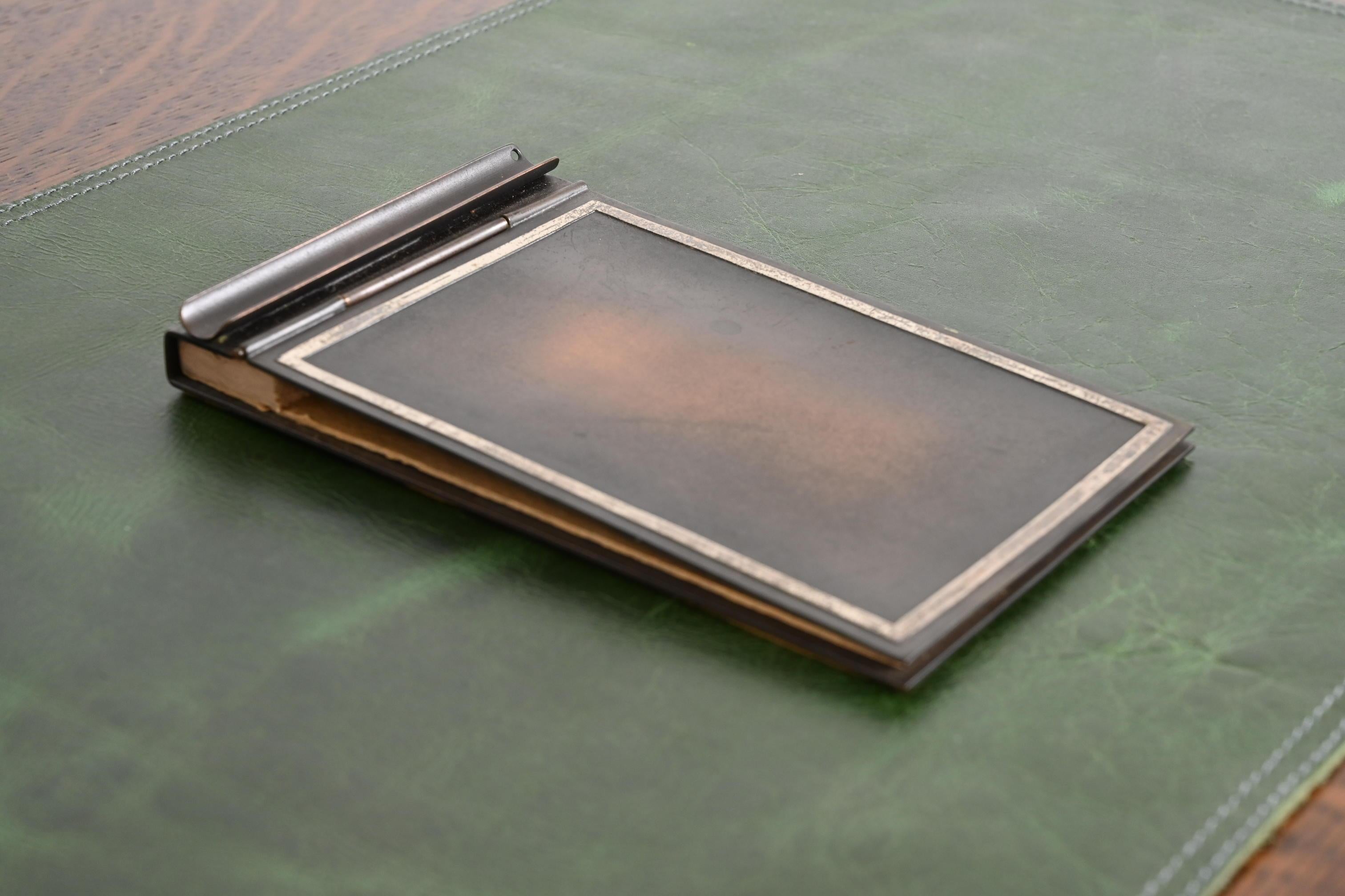 American Heintz Arts & Crafts Sterling Silver on Bronze Notepad Holder With Pen Rest For Sale