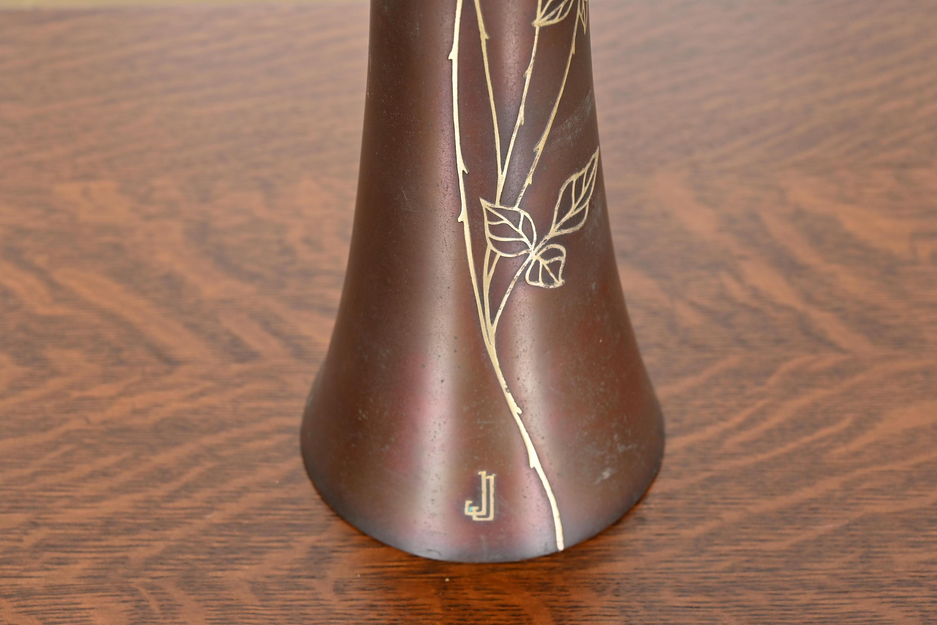 Heintz Arts & Crafts Sterling Silver on Bronze Trumpet Vase For Sale 4