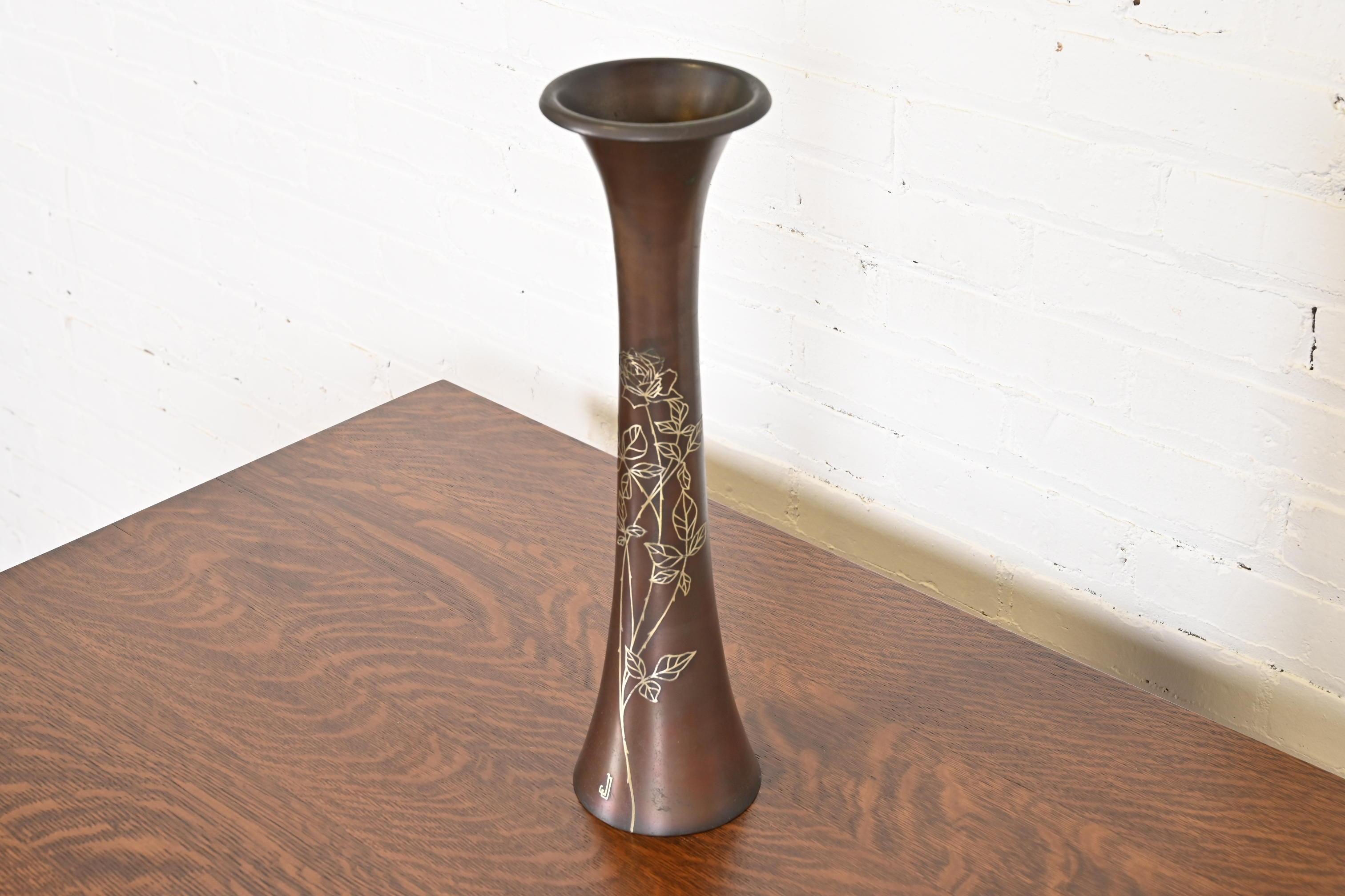 American Heintz Arts & Crafts Sterling Silver on Bronze Trumpet Vase For Sale