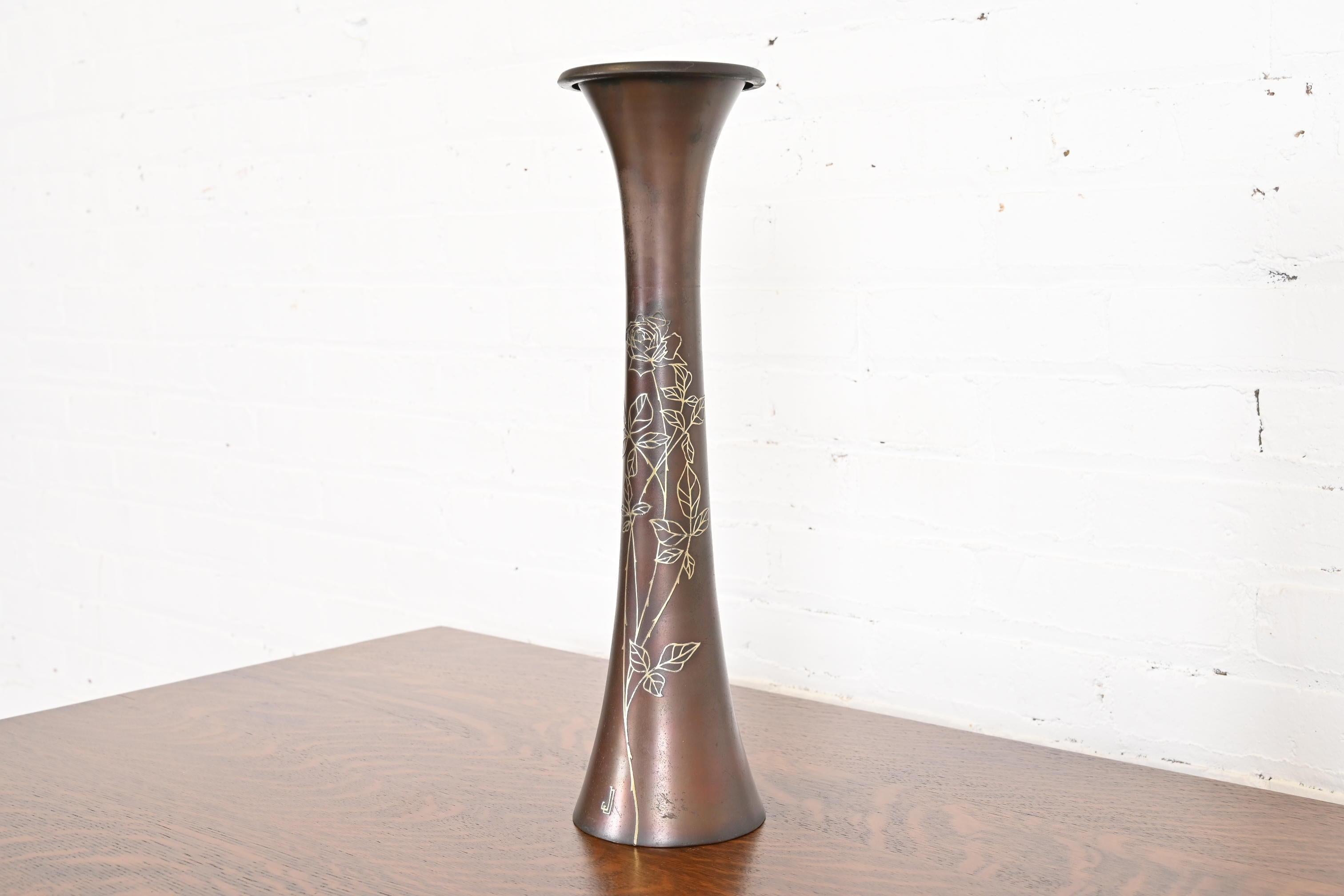 Heintz Arts & Crafts Sterling Silver on Bronze Trumpet Vase In Good Condition For Sale In South Bend, IN