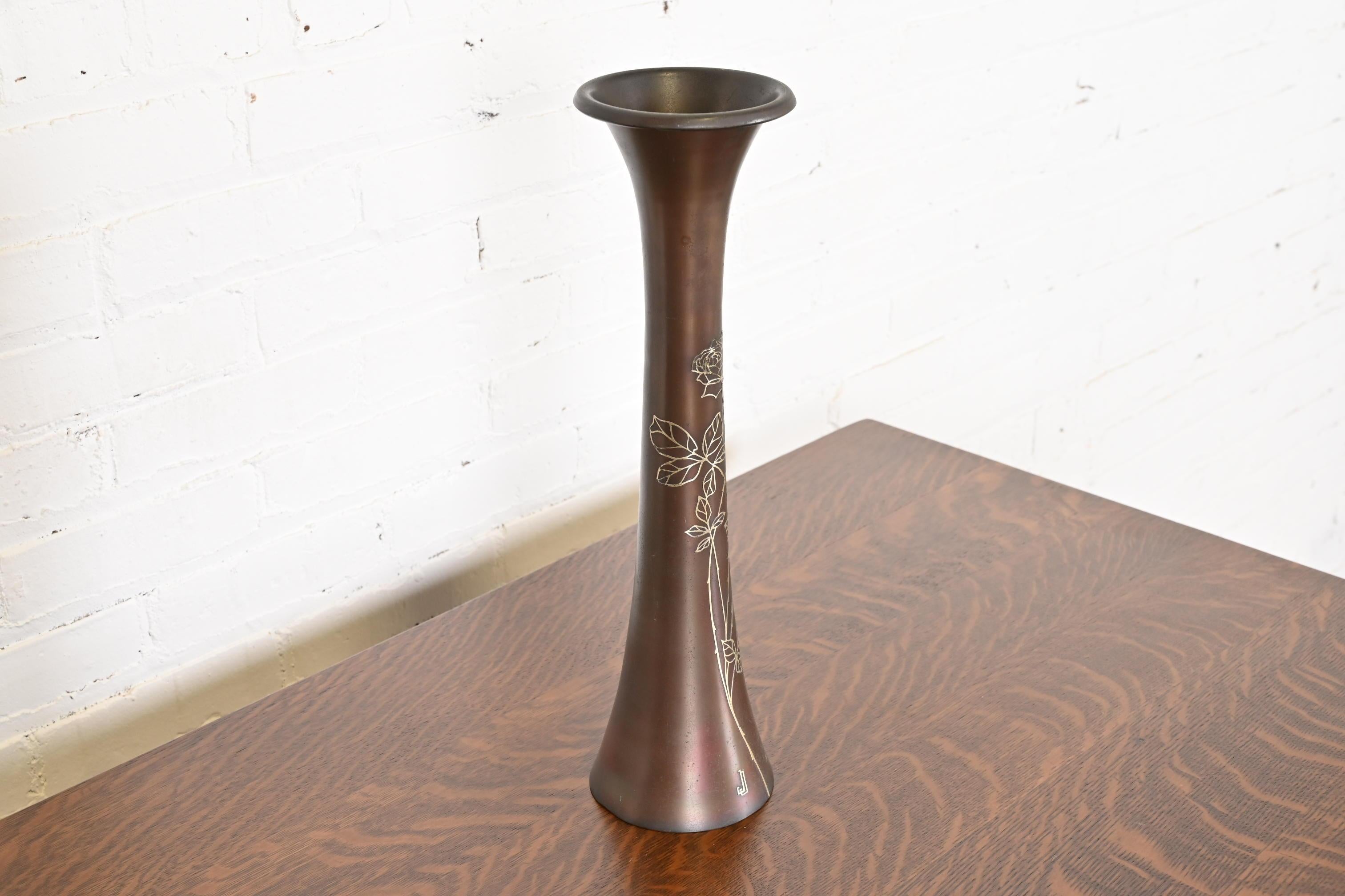 20th Century Heintz Arts & Crafts Sterling Silver on Bronze Trumpet Vase For Sale