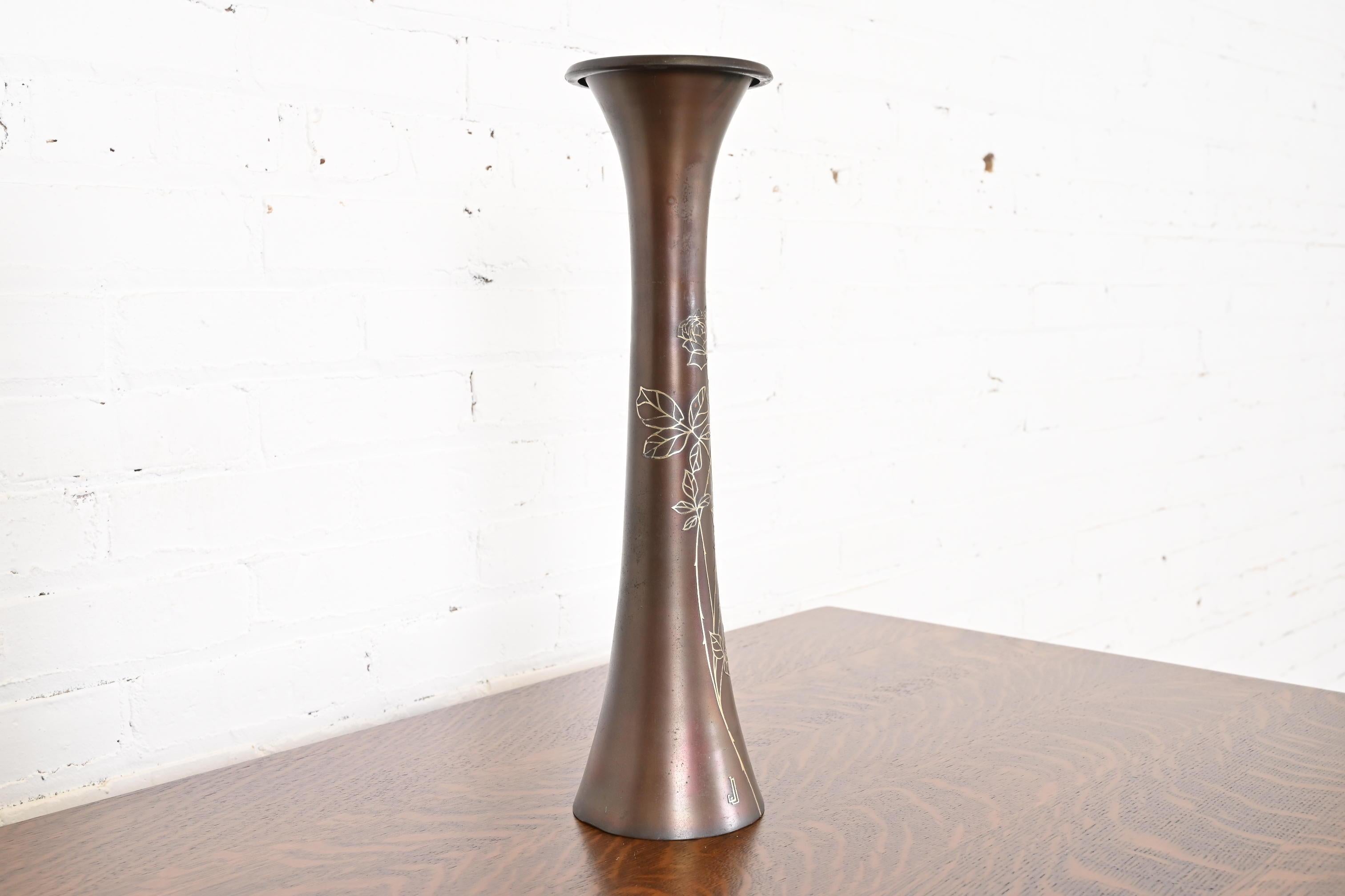 Heintz Arts & Crafts Sterling Silver on Bronze Trumpet Vase For Sale 1