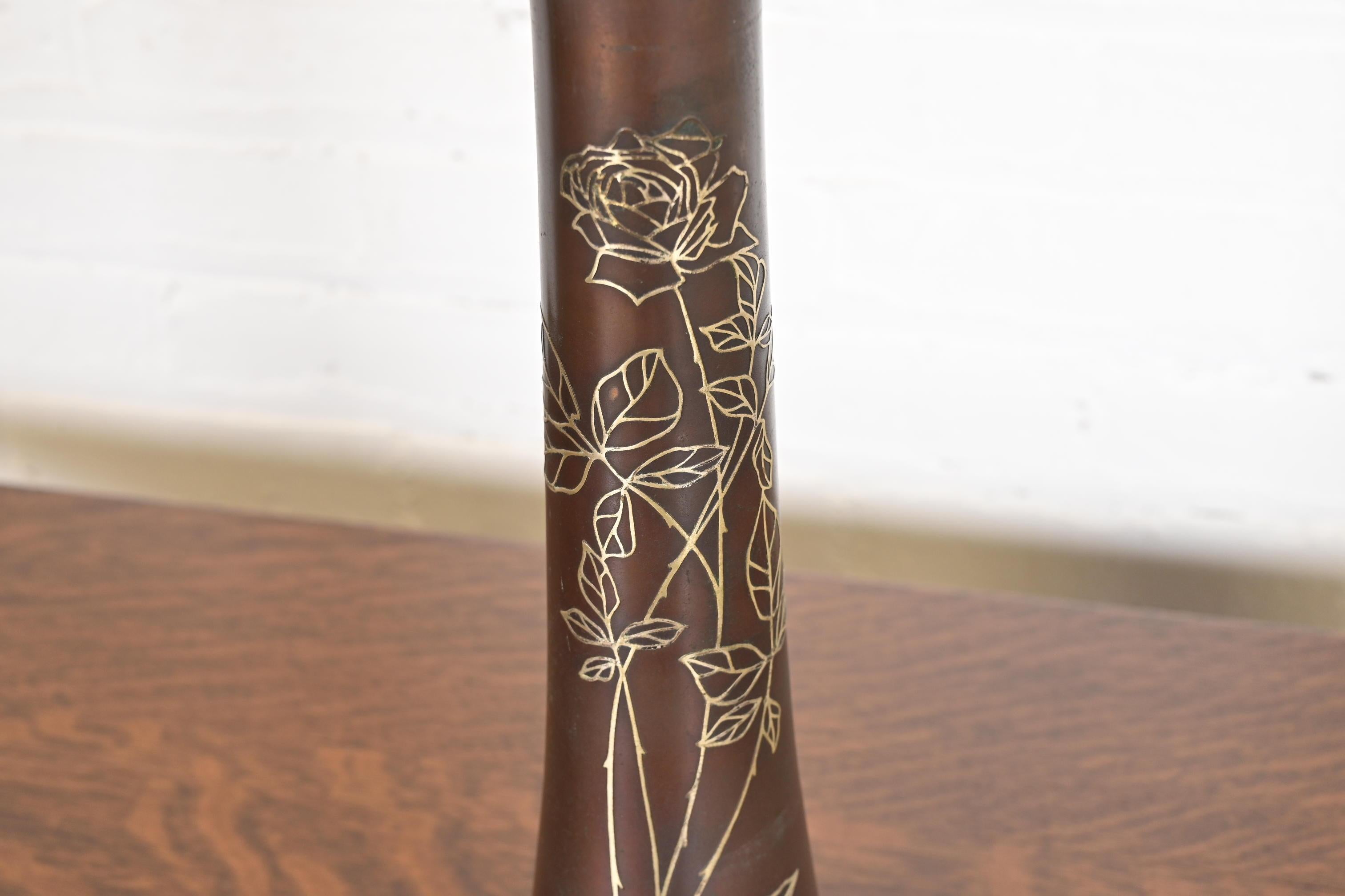 Heintz Arts & Crafts Sterling Silver on Bronze Trumpet Vase For Sale 3