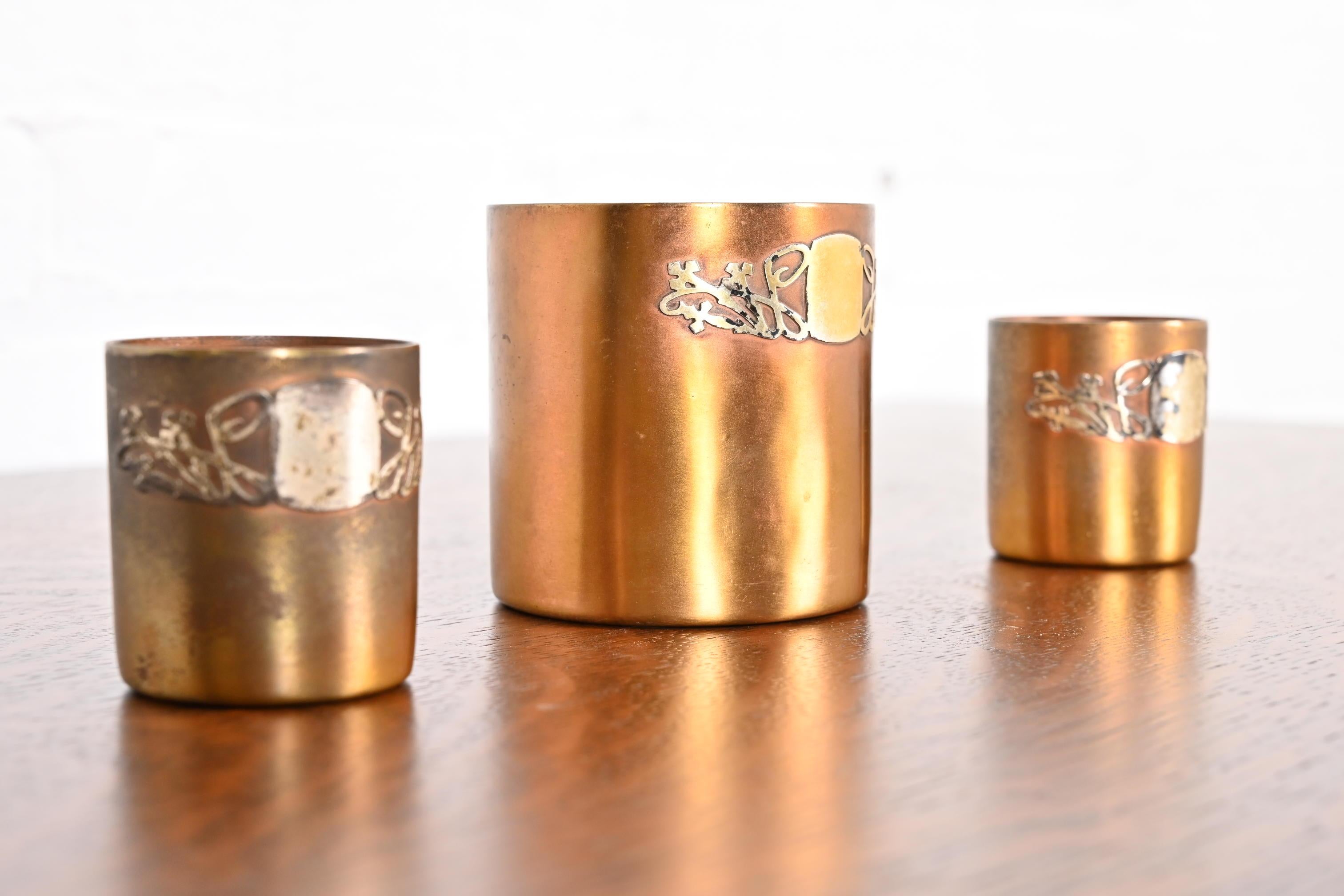 Bicchieri Heintz Arts & Crafts in argento e bronzo, set di tre pezzi In condizioni buone in vendita a South Bend, IN