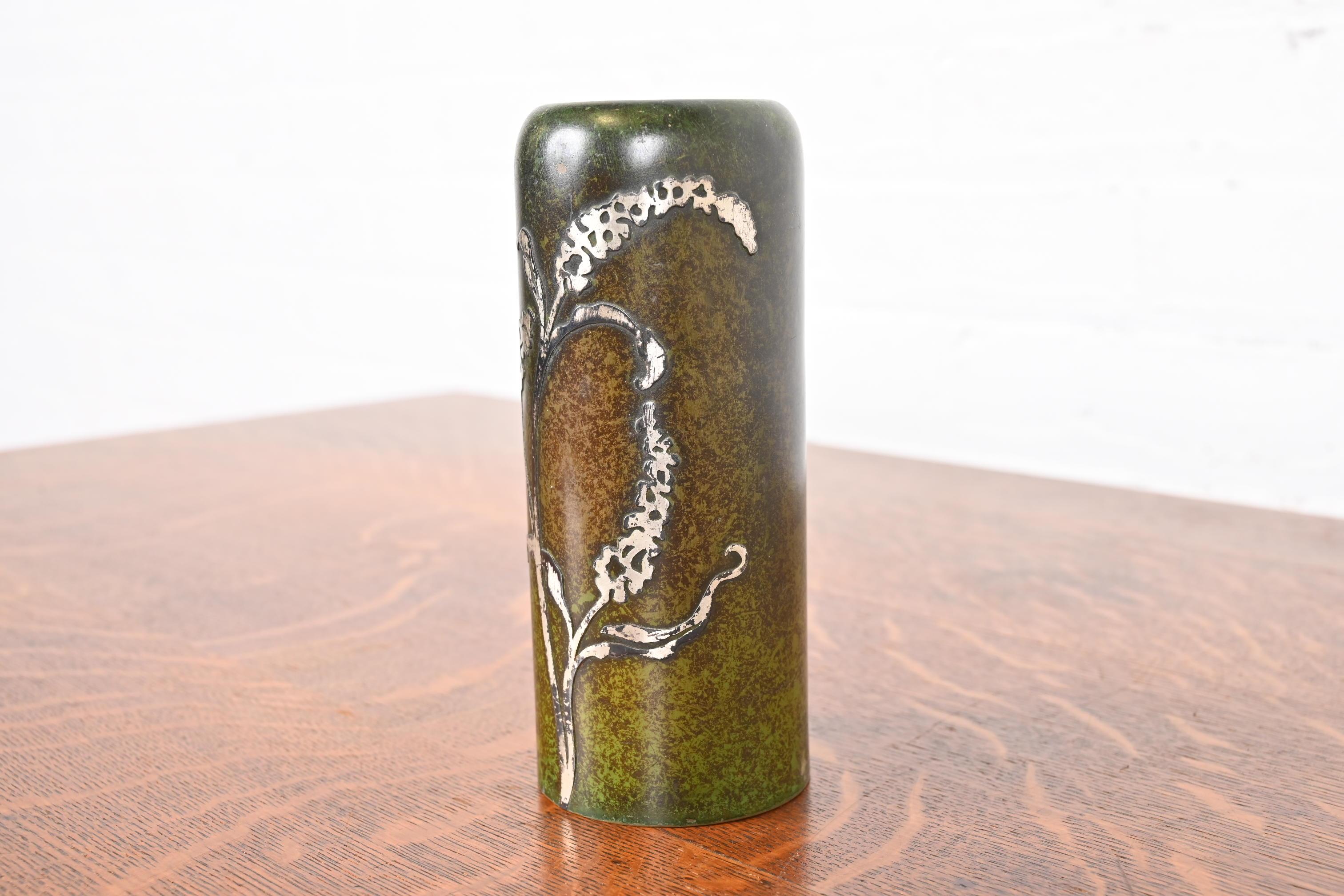 American Heintz Arts & Crafts Sterling Silver on Bronze Vase For Sale