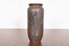 Heintz Arts & Crafts Sterling Silver on Bronze Vase With Cattail Motif
