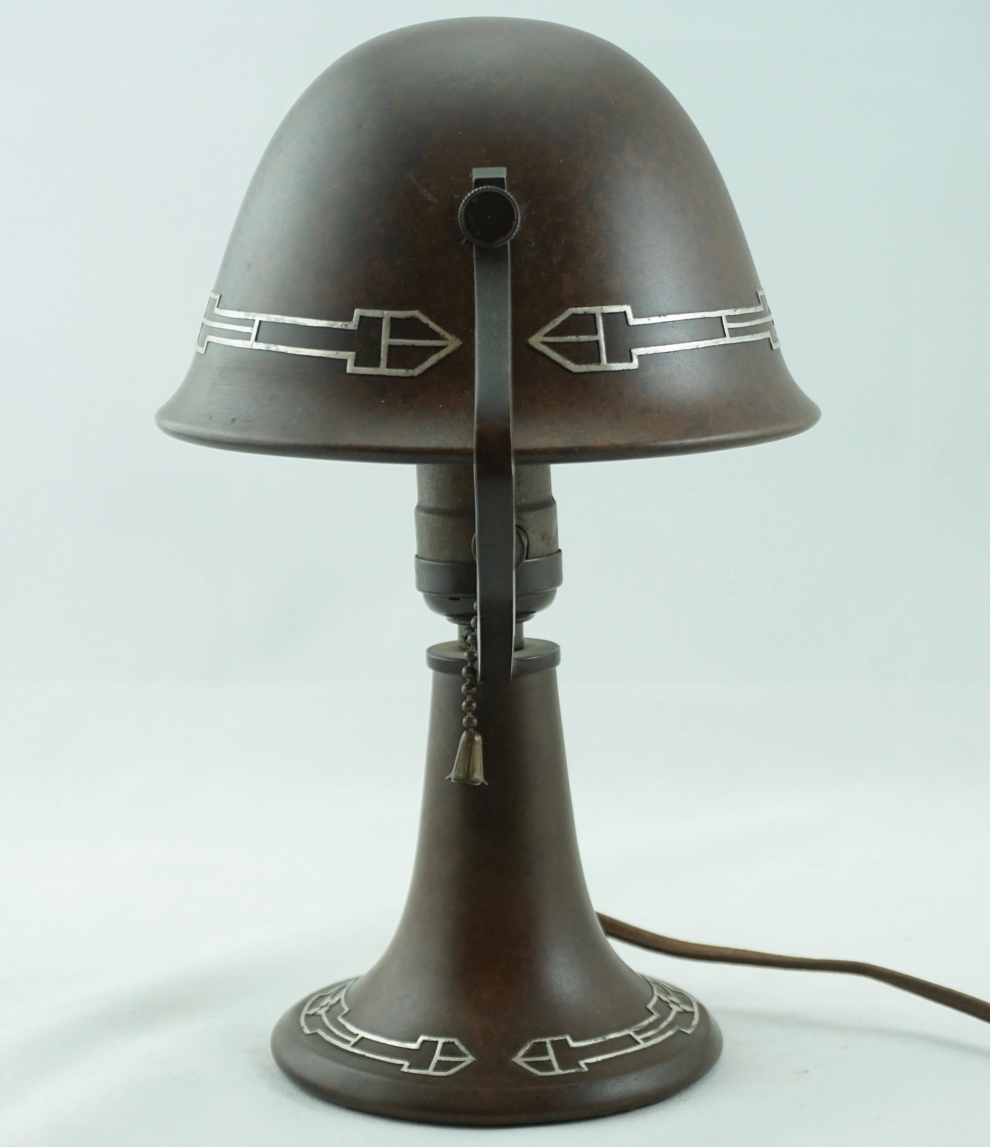 Heintz Bronze Silver Overlay Arts & Crafts Table Lamp In Excellent Condition In Dallas, TX