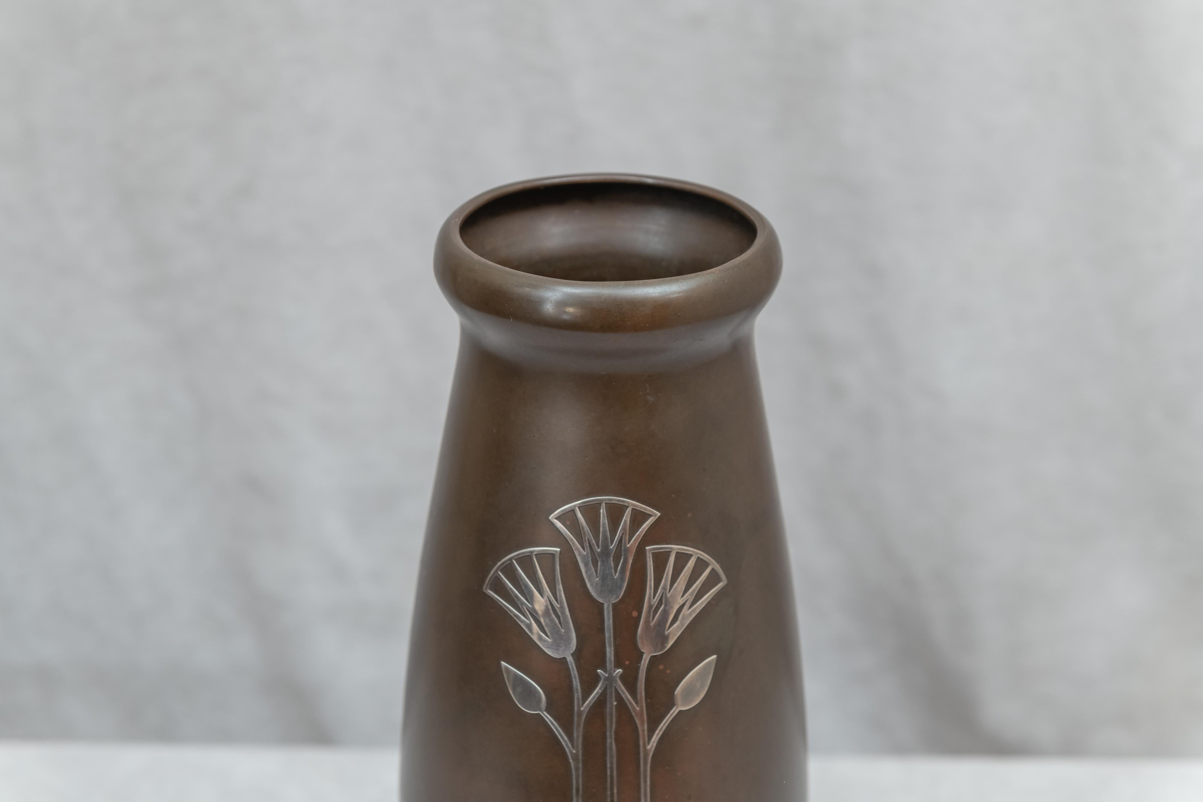 Art Nouveau Heintz, Sterling on Bronze Vase, American, circa 1915