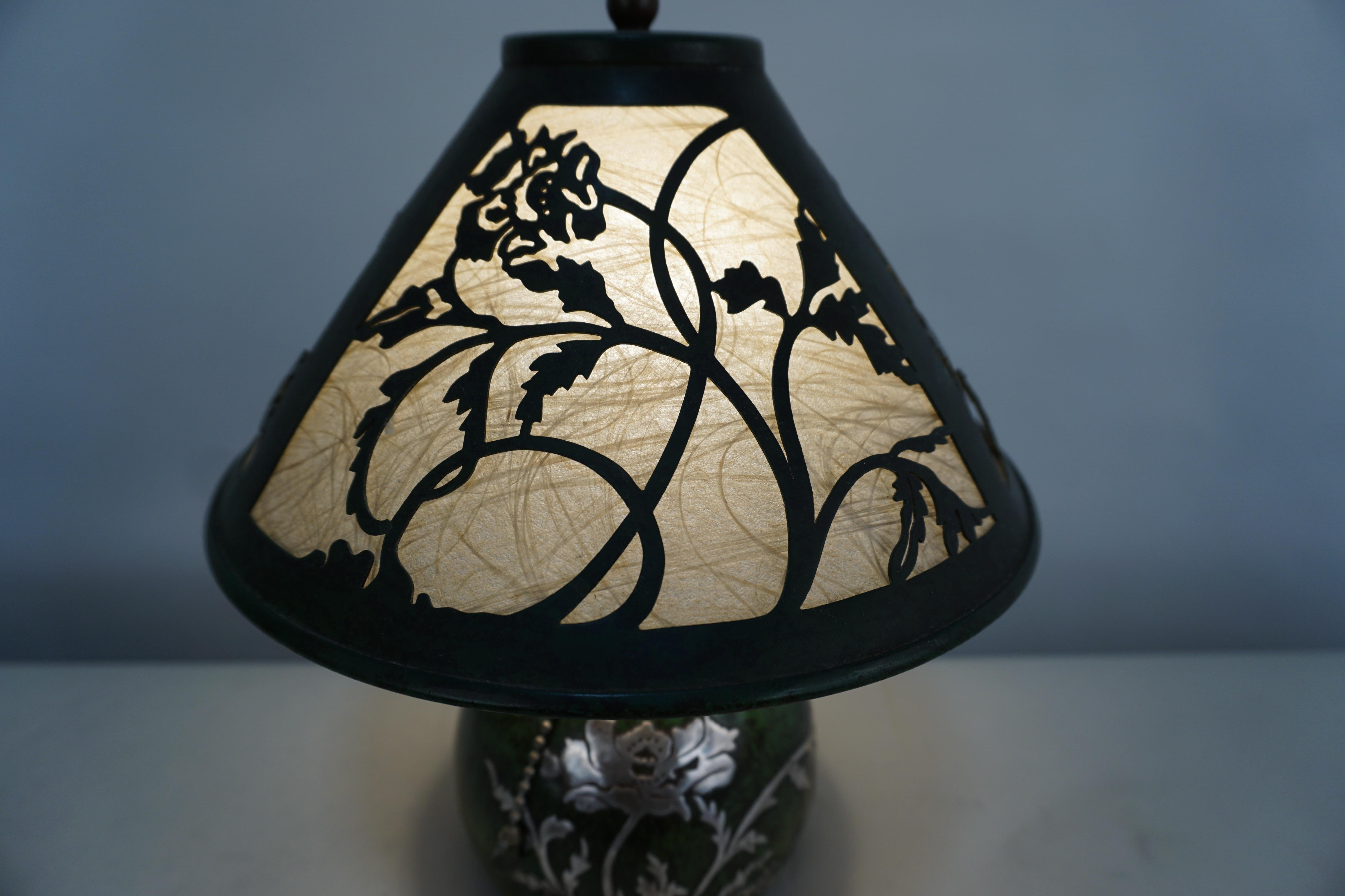American Heintz Sterling Silver Overlay on Bronze Arts & Crafts Table Lamp