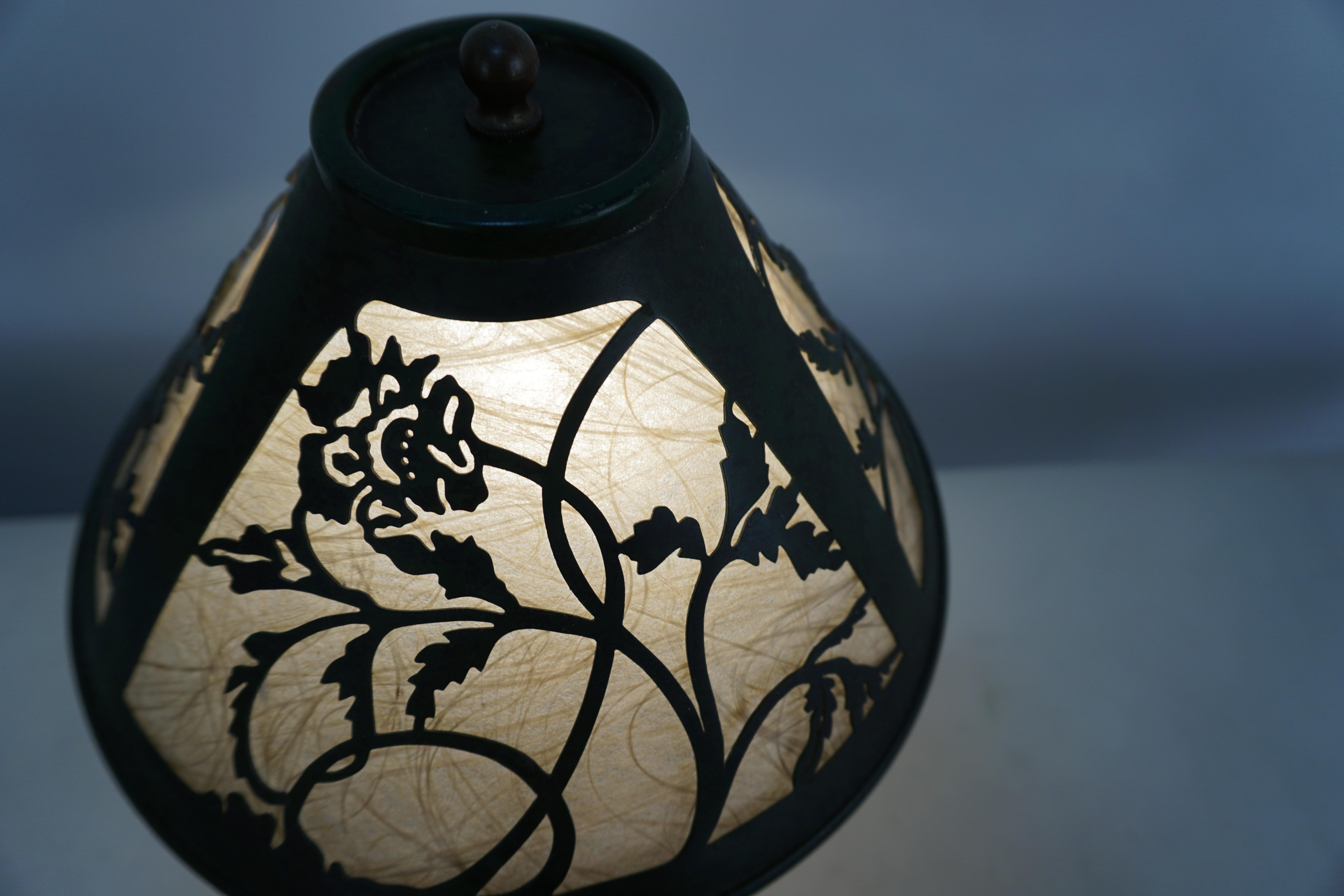 Heintz Sterling Silver Overlay on Bronze Arts & Crafts Table Lamp In Good Condition In Fairfax, VA