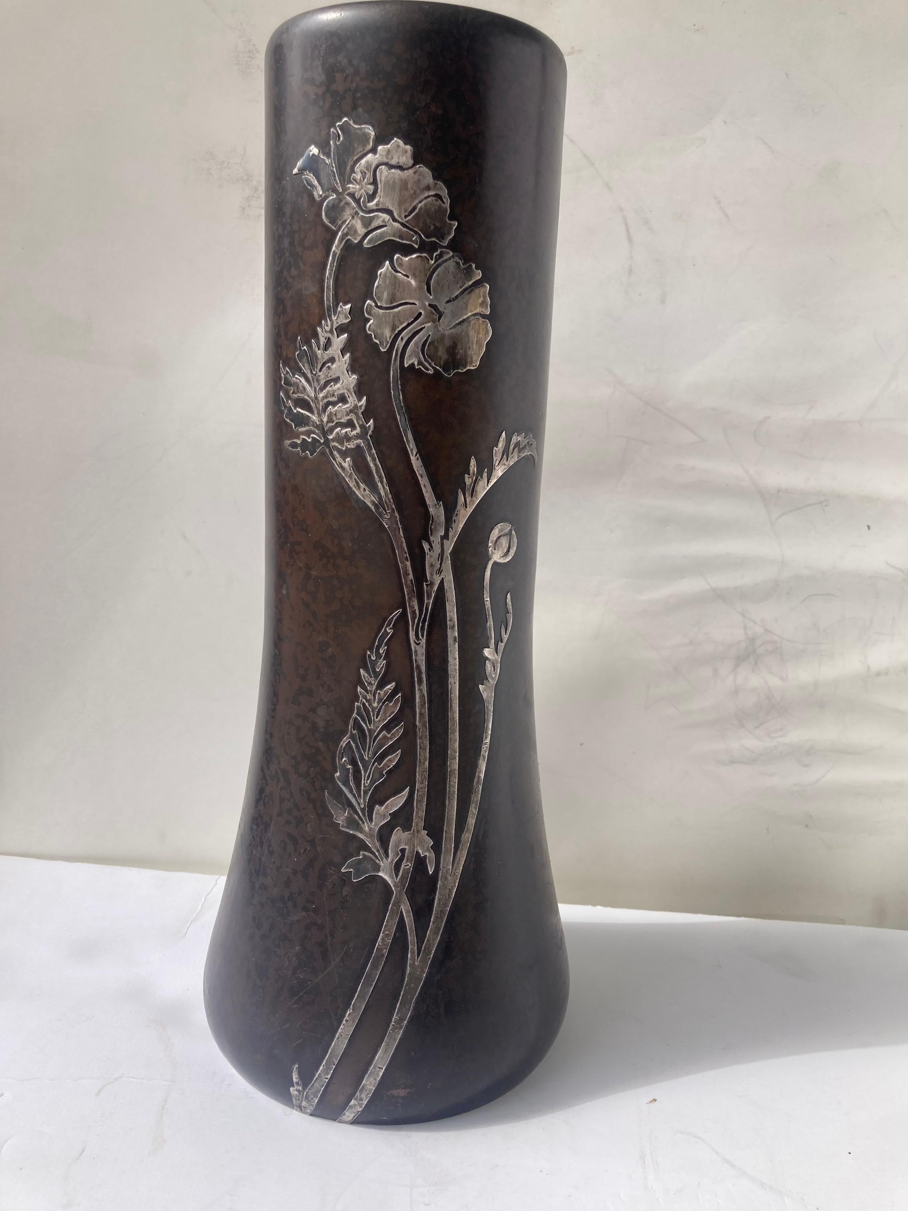 Amazing arts & crafts bronze and sterling overlay vase. marked 3809 plus Heintz Logo. Seems that has been cleaned by hand and patina seems in great antique condition.