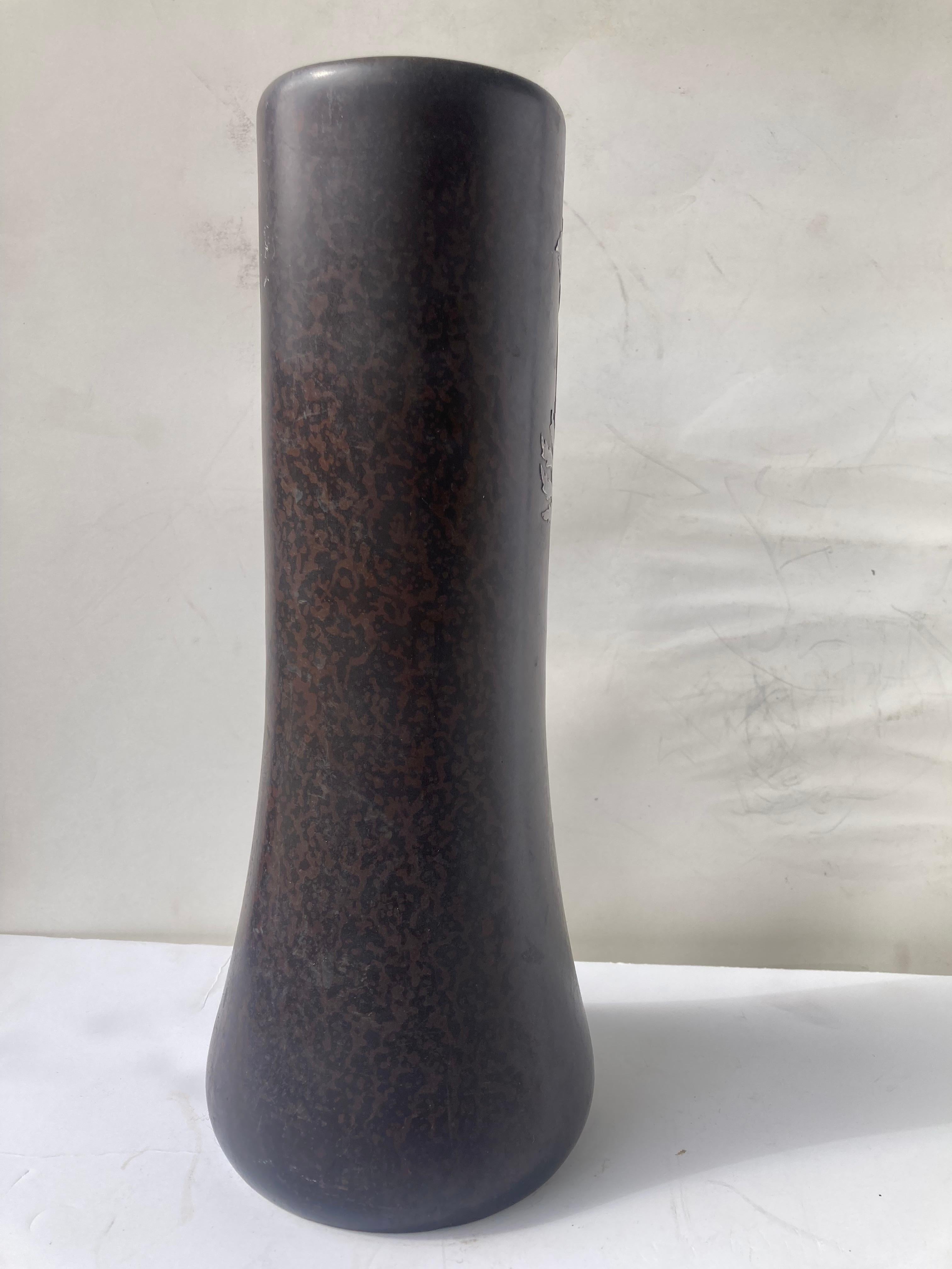 Hand-Crafted Heintz sterling silver overlay on bronze Arts & Crafts vase. For Sale