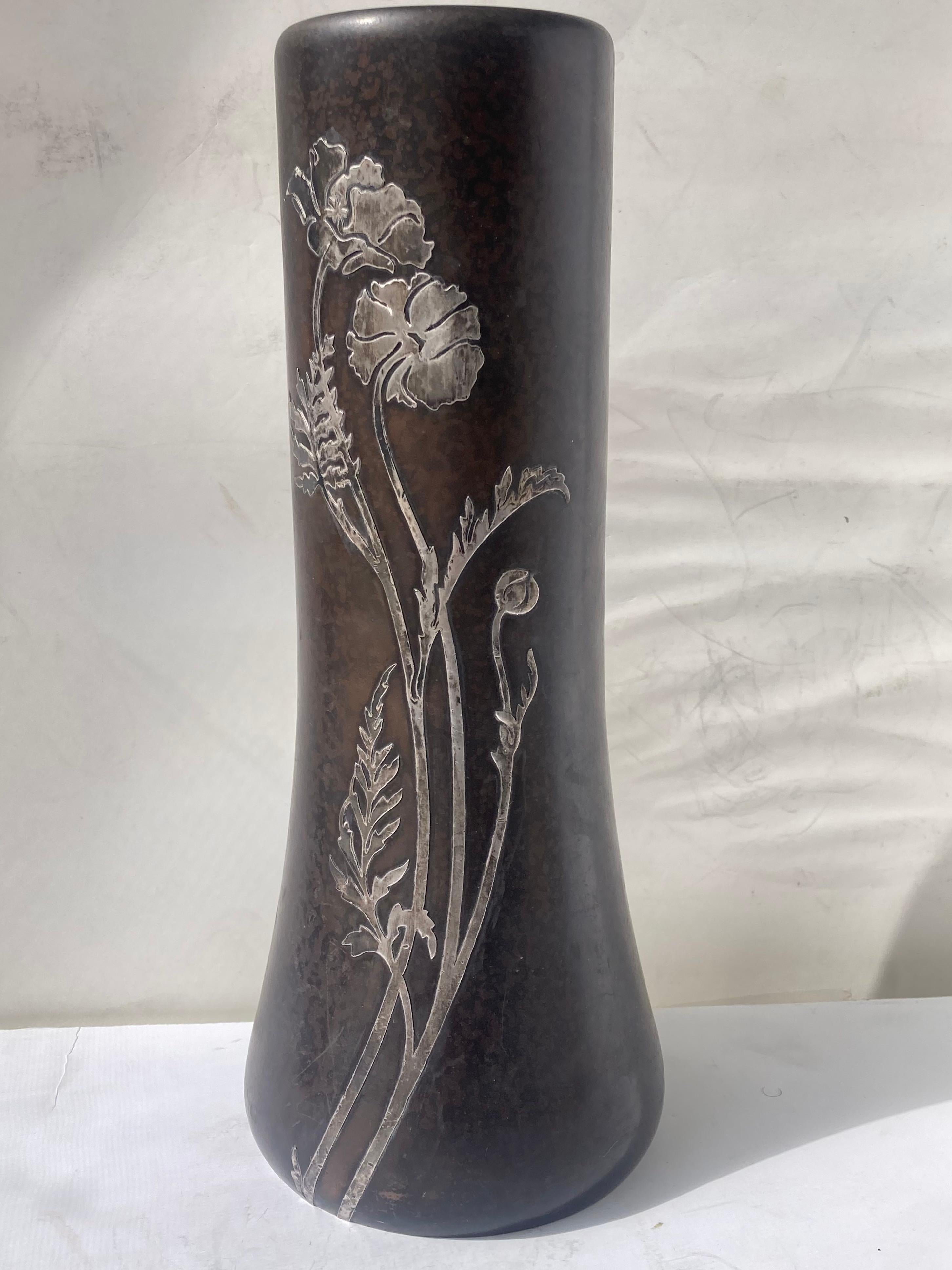 20th Century Heintz sterling silver overlay on bronze Arts & Crafts vase. For Sale