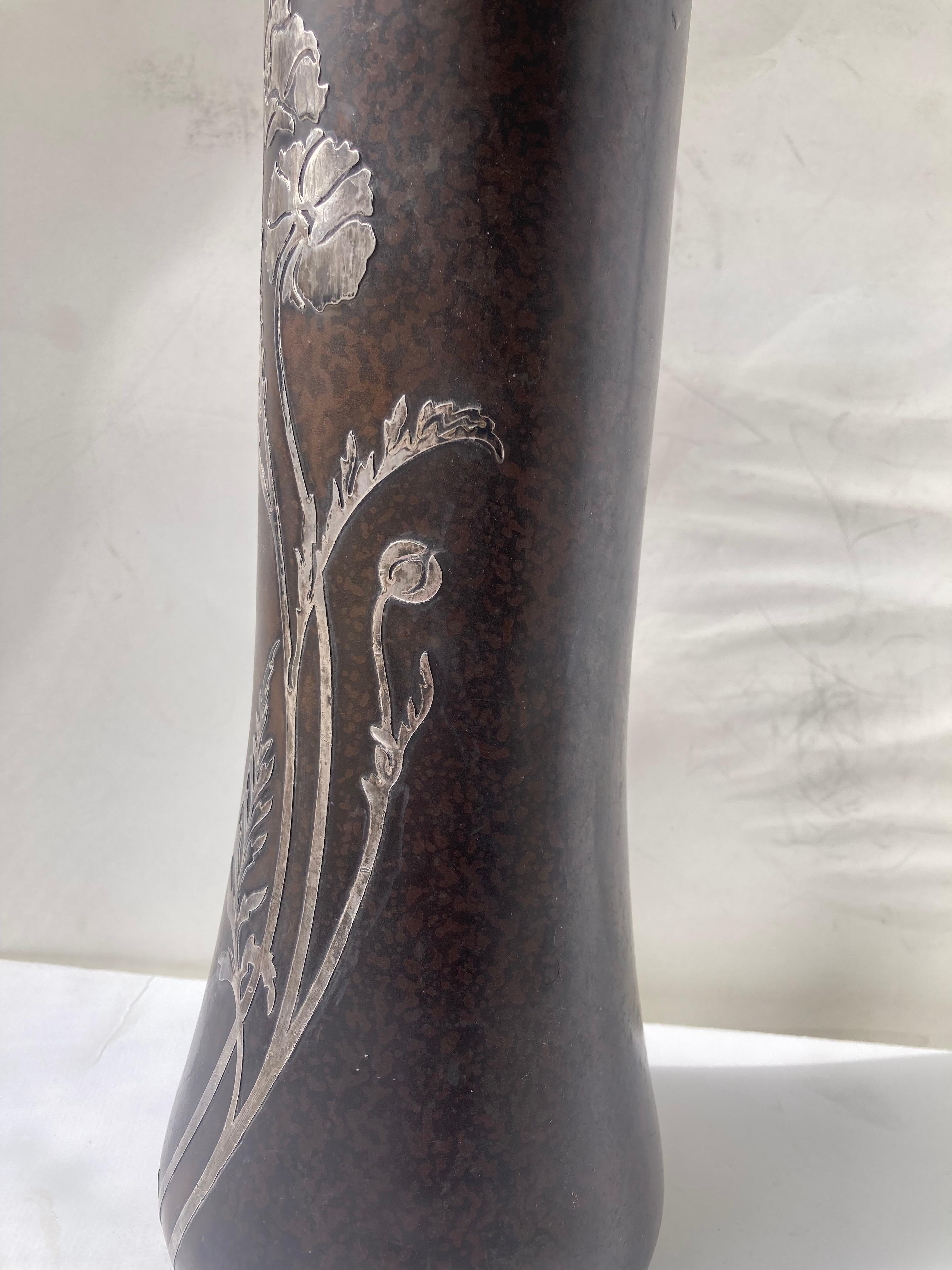 Bronze Heintz sterling silver overlay on bronze Arts & Crafts vase. For Sale