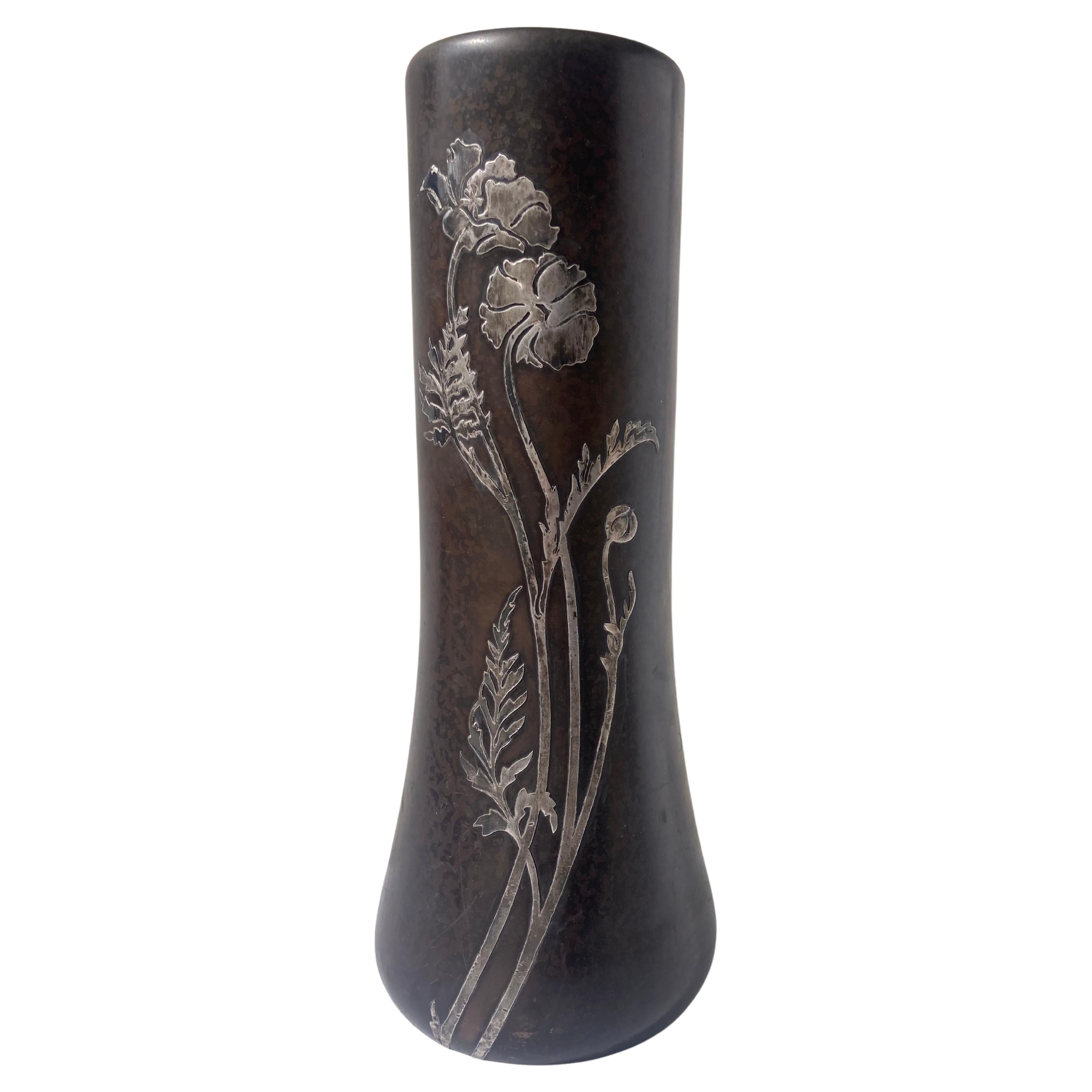 Heintz sterling silver overlay on bronze Arts & Crafts vase. For Sale