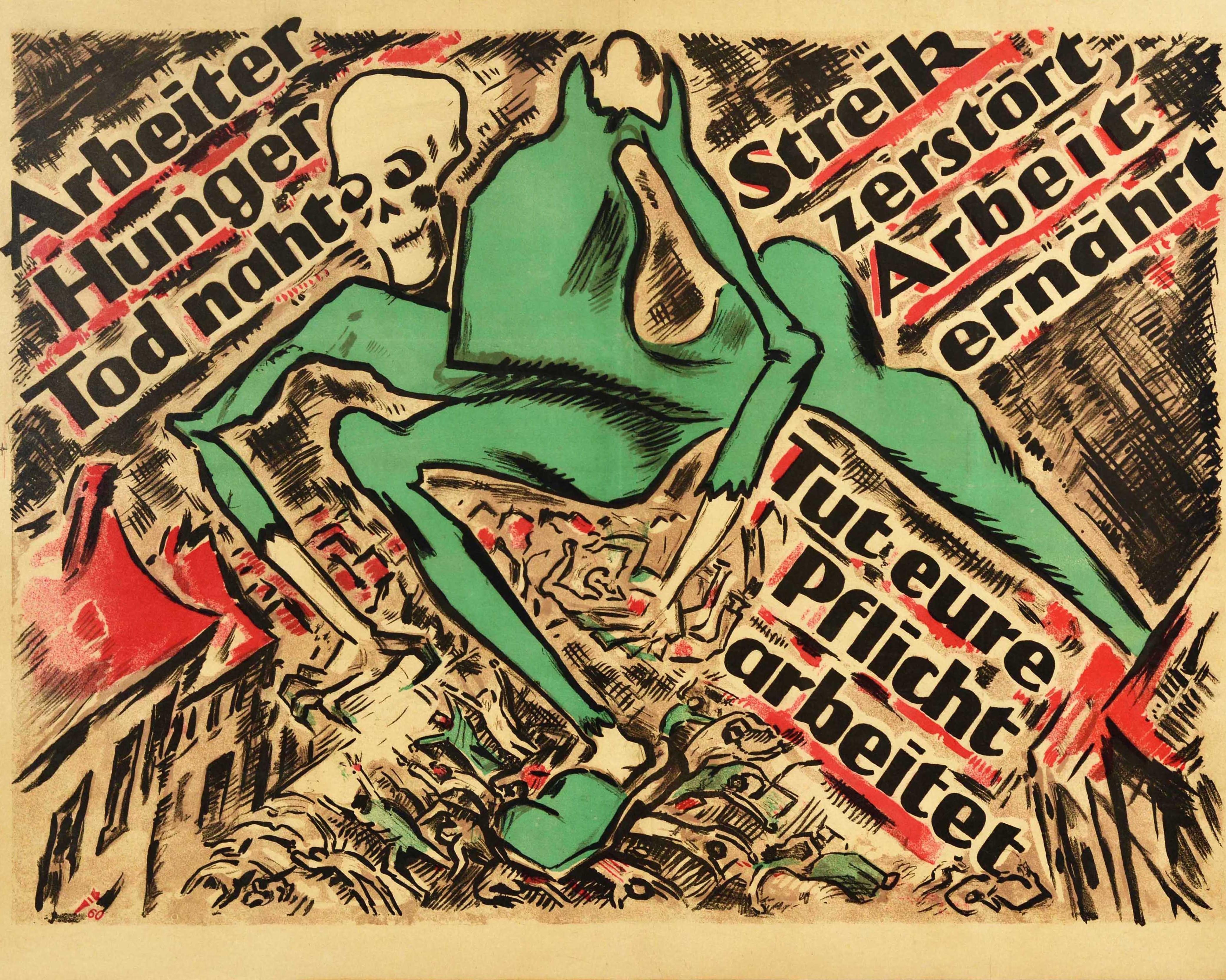 Original Antikes Original-Poster, „Anti Bolshevik Workers“, Starvation, Tod, Skelett, Design (Beige), Print, von Heinz Fuchs