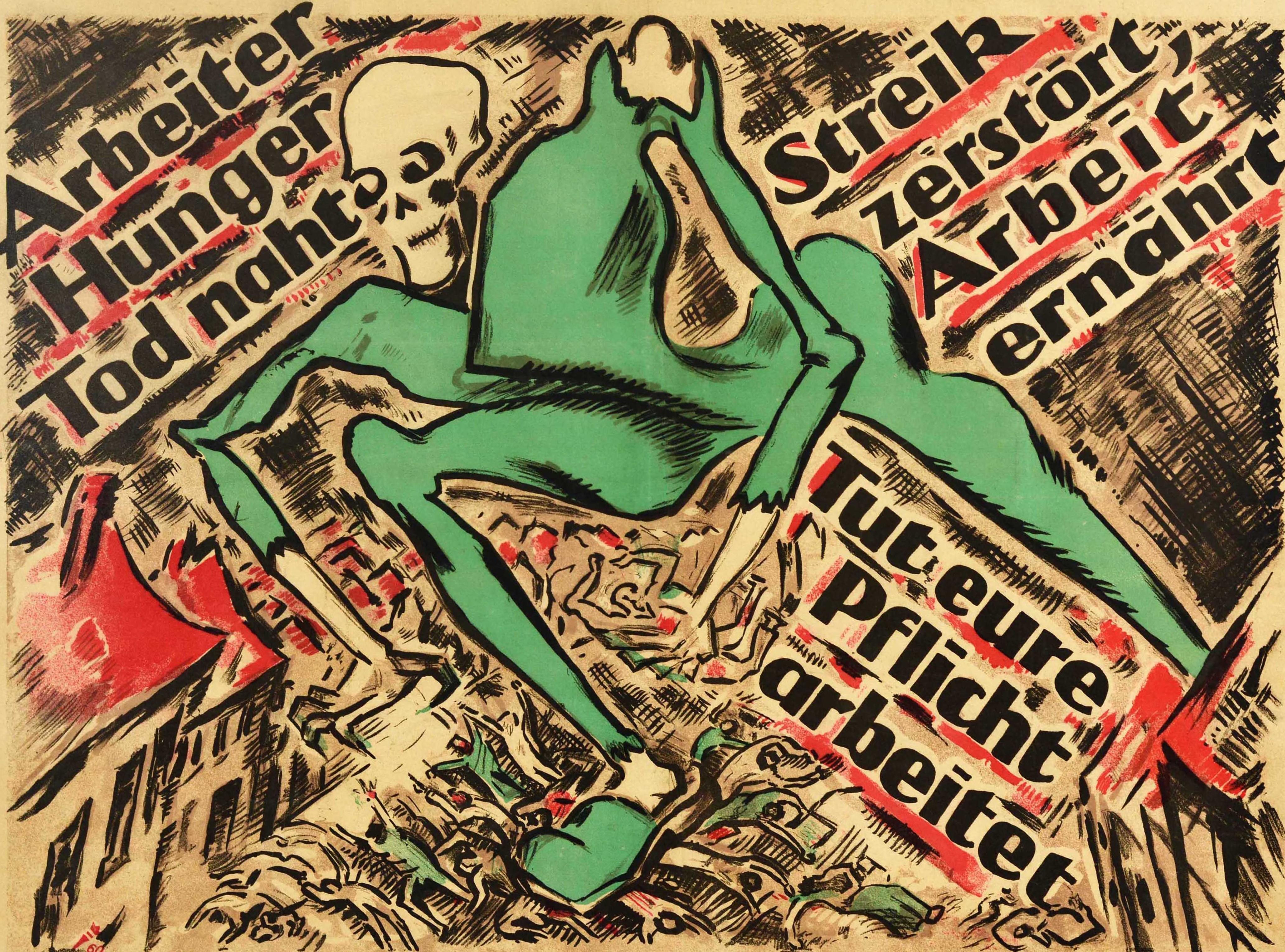 Originales antibolschewistisches Propagandaplakat des deutschen Designers Heinz Fuchs (1886-1961), das eine Skelettfigur in Grün zeigt, die über Menschen und Häuser schreitet, mit dem diagonalen Text in fetter schwarzer Schrift - Arbeiter Hunger Tod