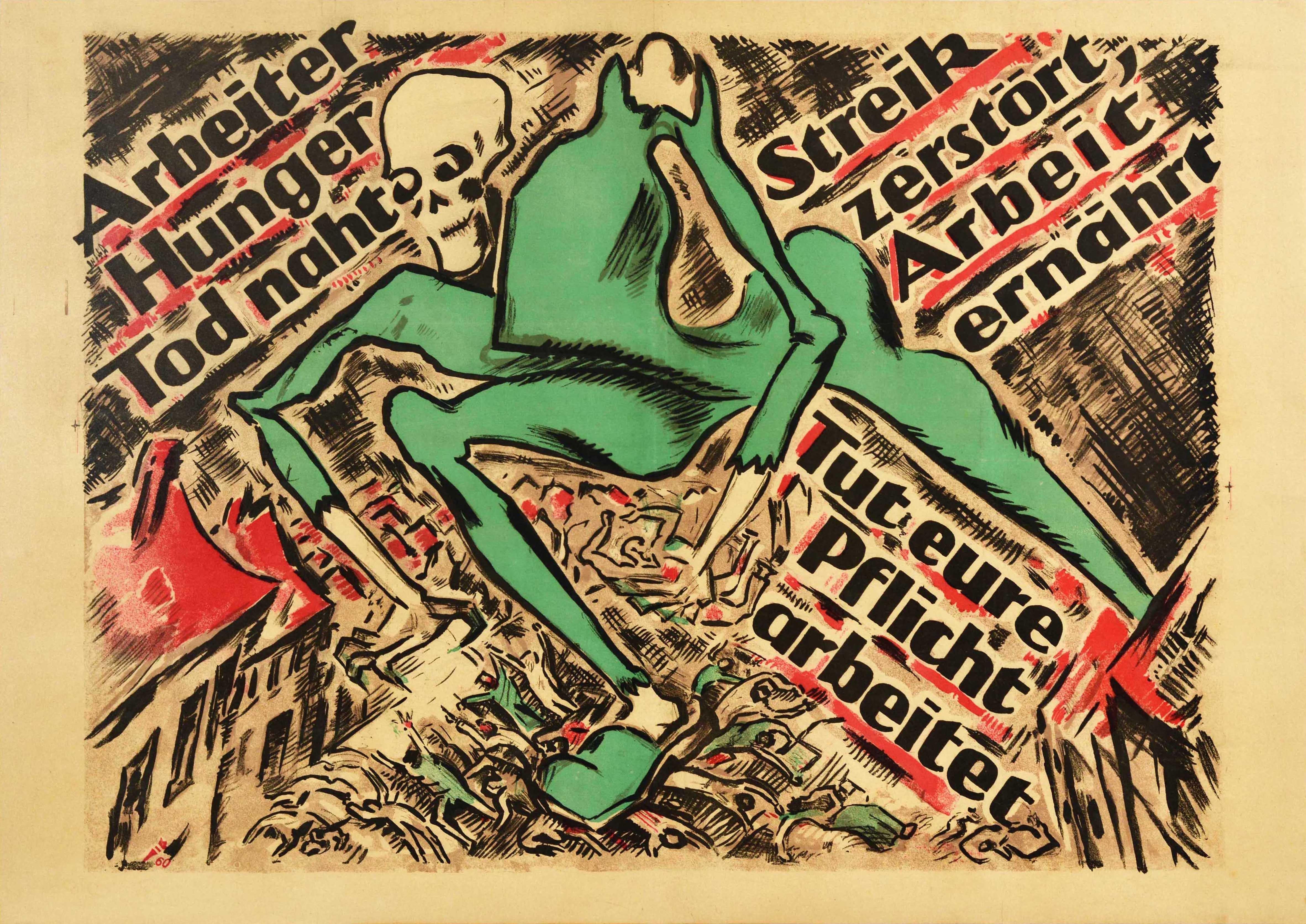Heinz Fuchs Print – Original Antikes Original-Poster, „Anti Bolshevik Workers“, Starvation, Tod, Skelett, Design