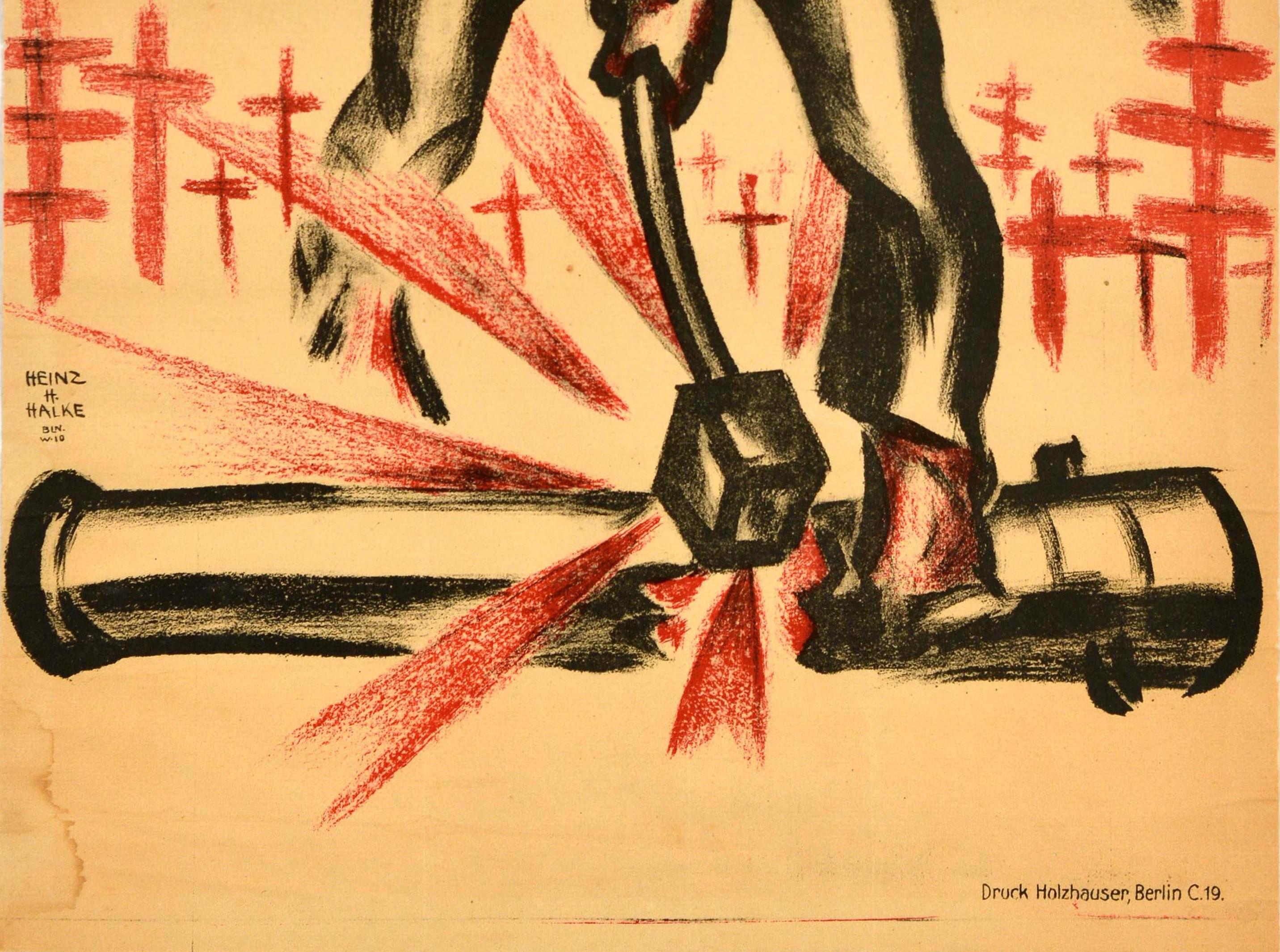 Original Antikes Original-Poster aus dem Ersten Weltkrieg, Nie Wieder Krieg, Never Again, Kriegsgrave, Kanonen (Orange), Print, von Heinz H Halke