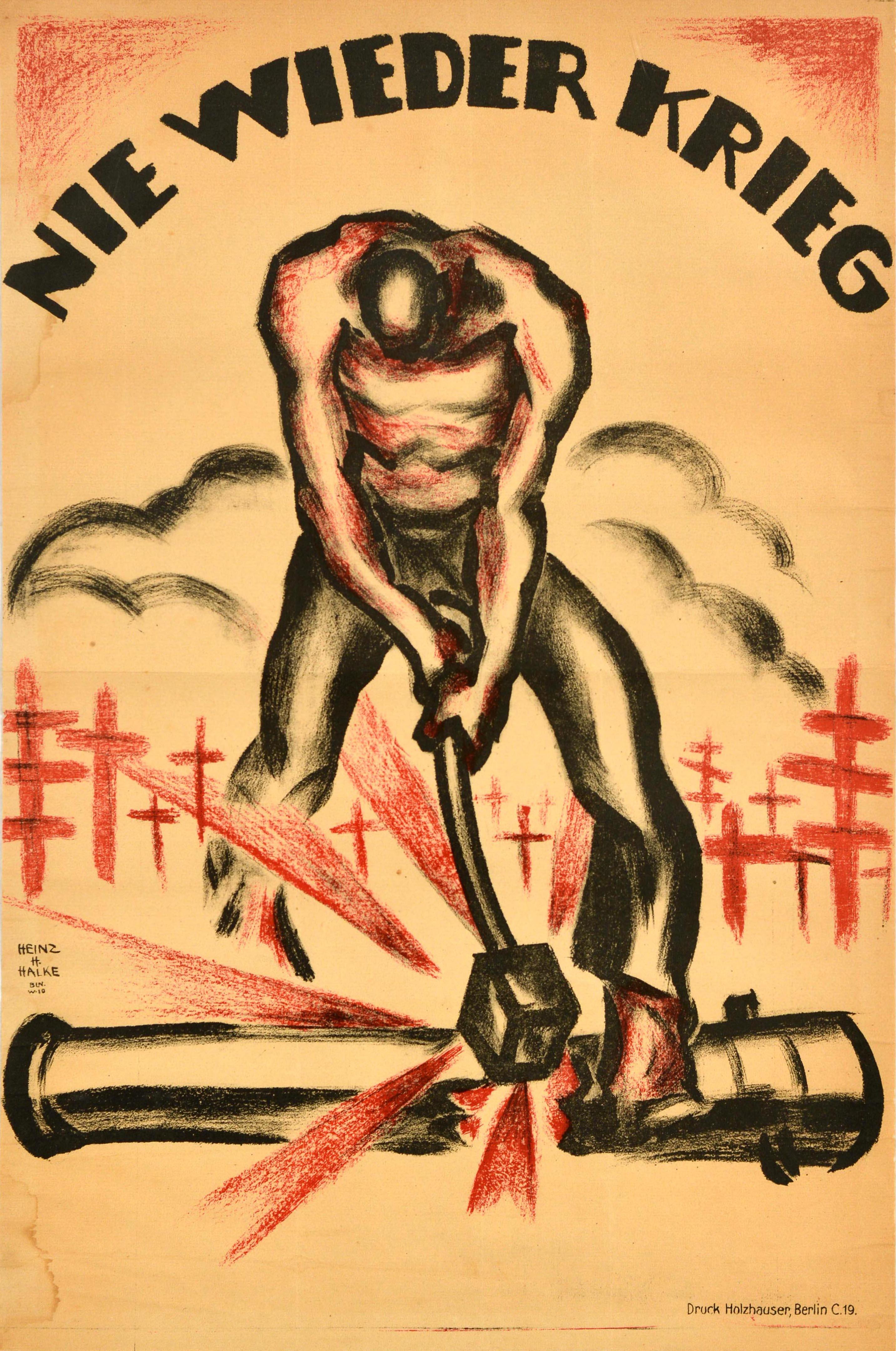 Print di Heinz H Halke - Poster originale antico della prima guerra mondiale Nie Wieder Krieg Never Again Guerra Tomba Colpo di cannone