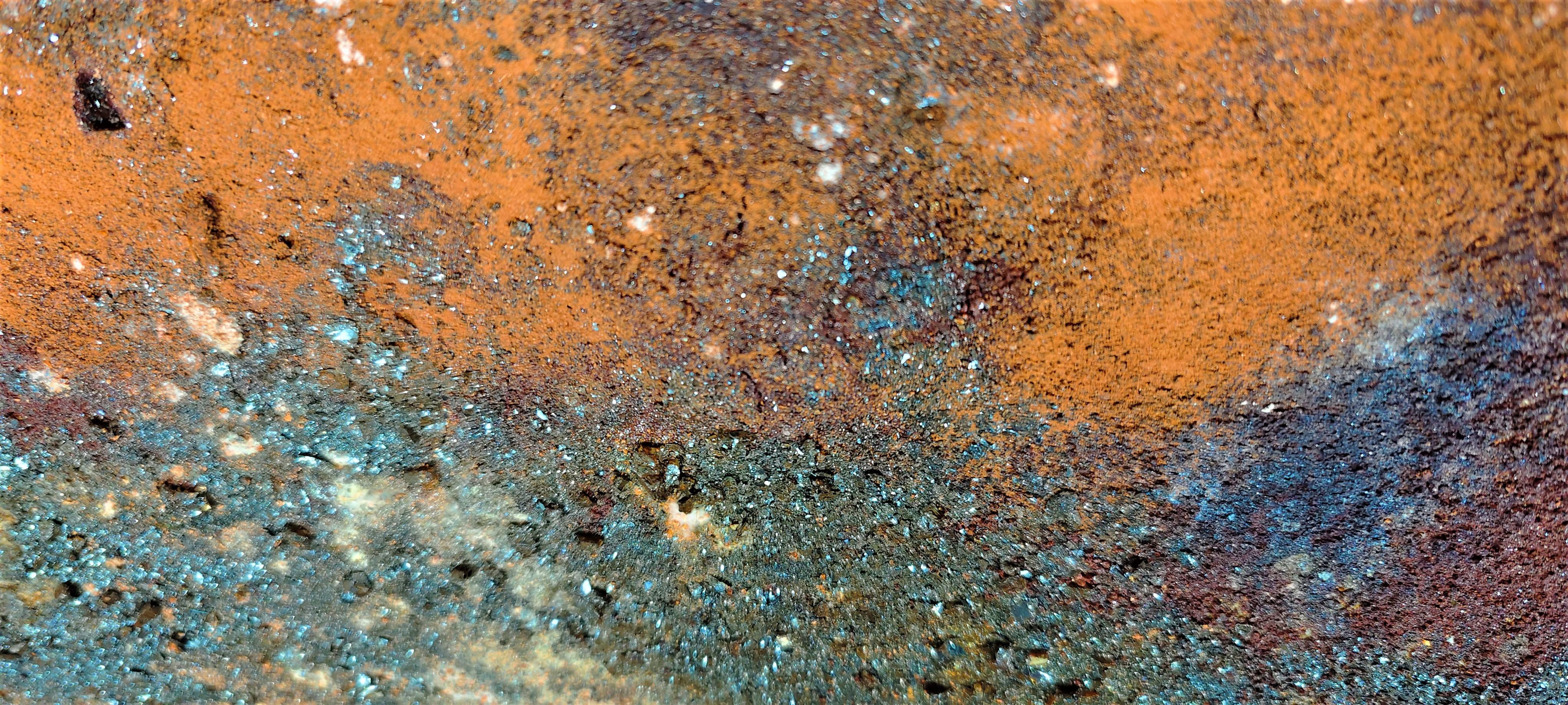 This unique and colorful painting has natural texture with natural pigmented soils on wood. It is Textured with 10 year seasoned slaked lime. Minerals from iron and copper mine. Pyrite stones, copper and indigo blue, pigments from Tuscany and coal. 