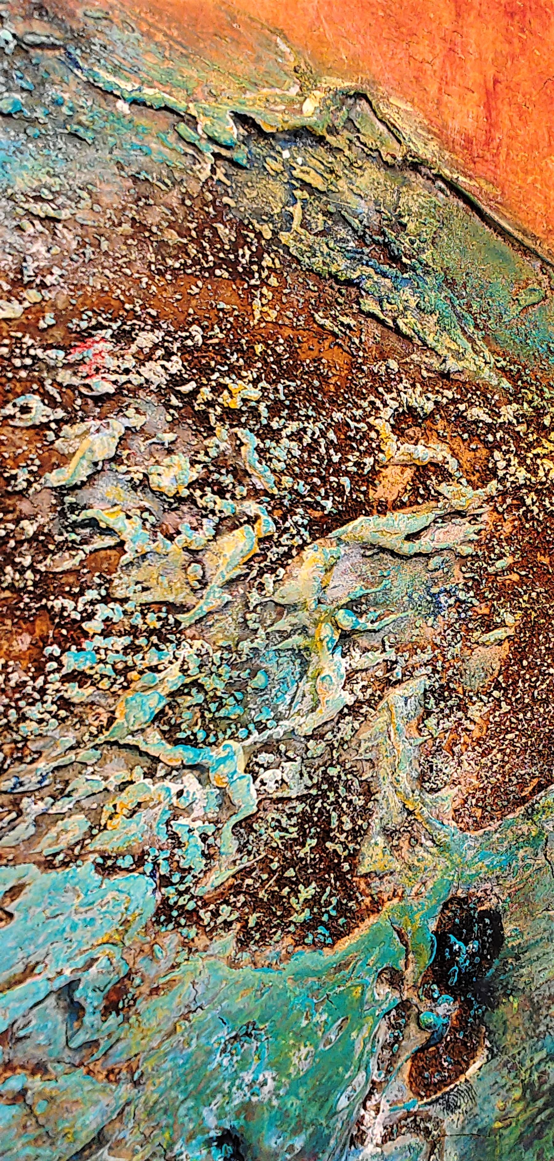 This unique painting with lots of texture and pigments on wood is textured with marble powder, iron oxide, mars red, blue Egypt, 