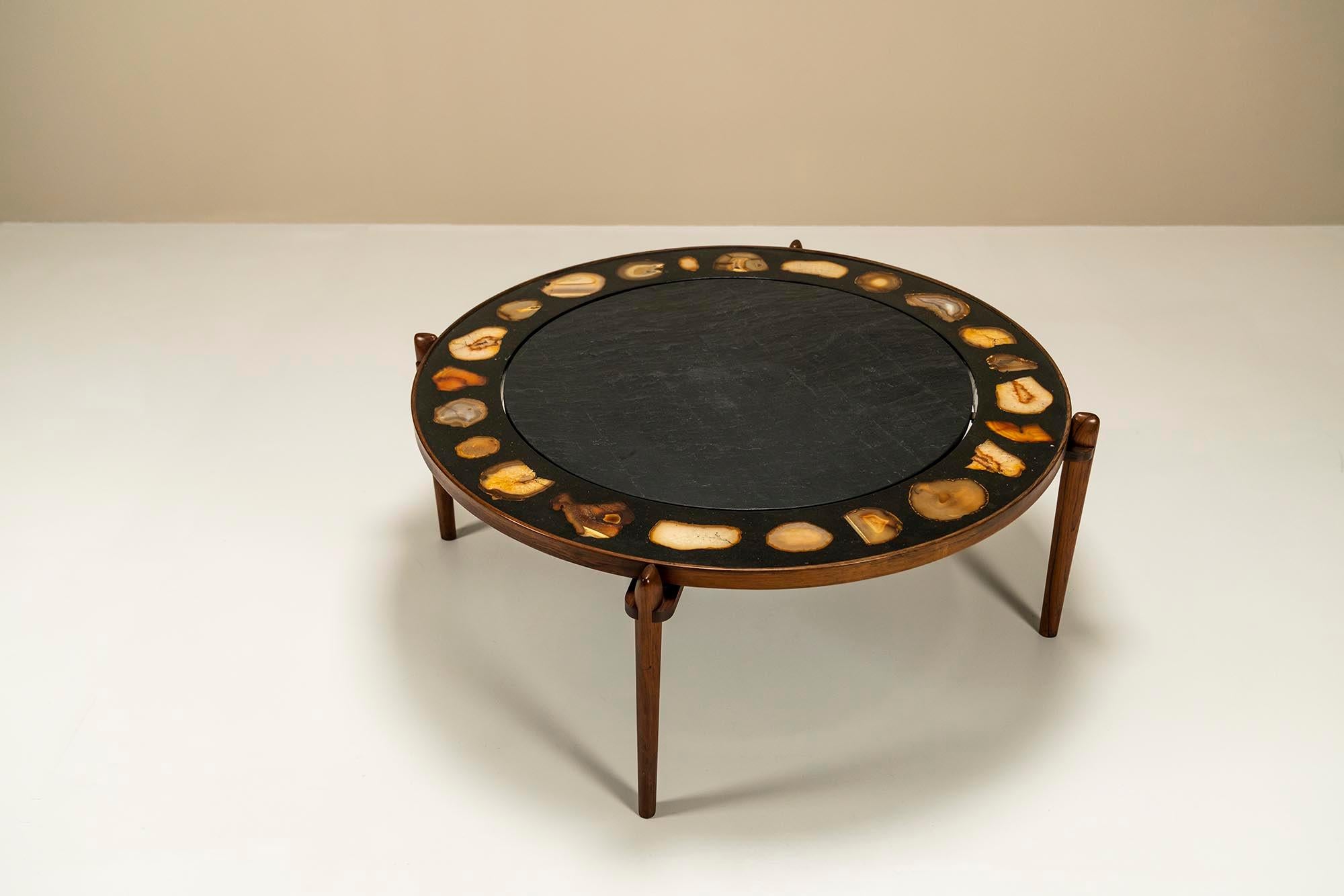 Mid-Century Modern Heinz Lilienthal E8 Coffee Table in Rosewood, Blue Stone and Agate, the 1970s For Sale