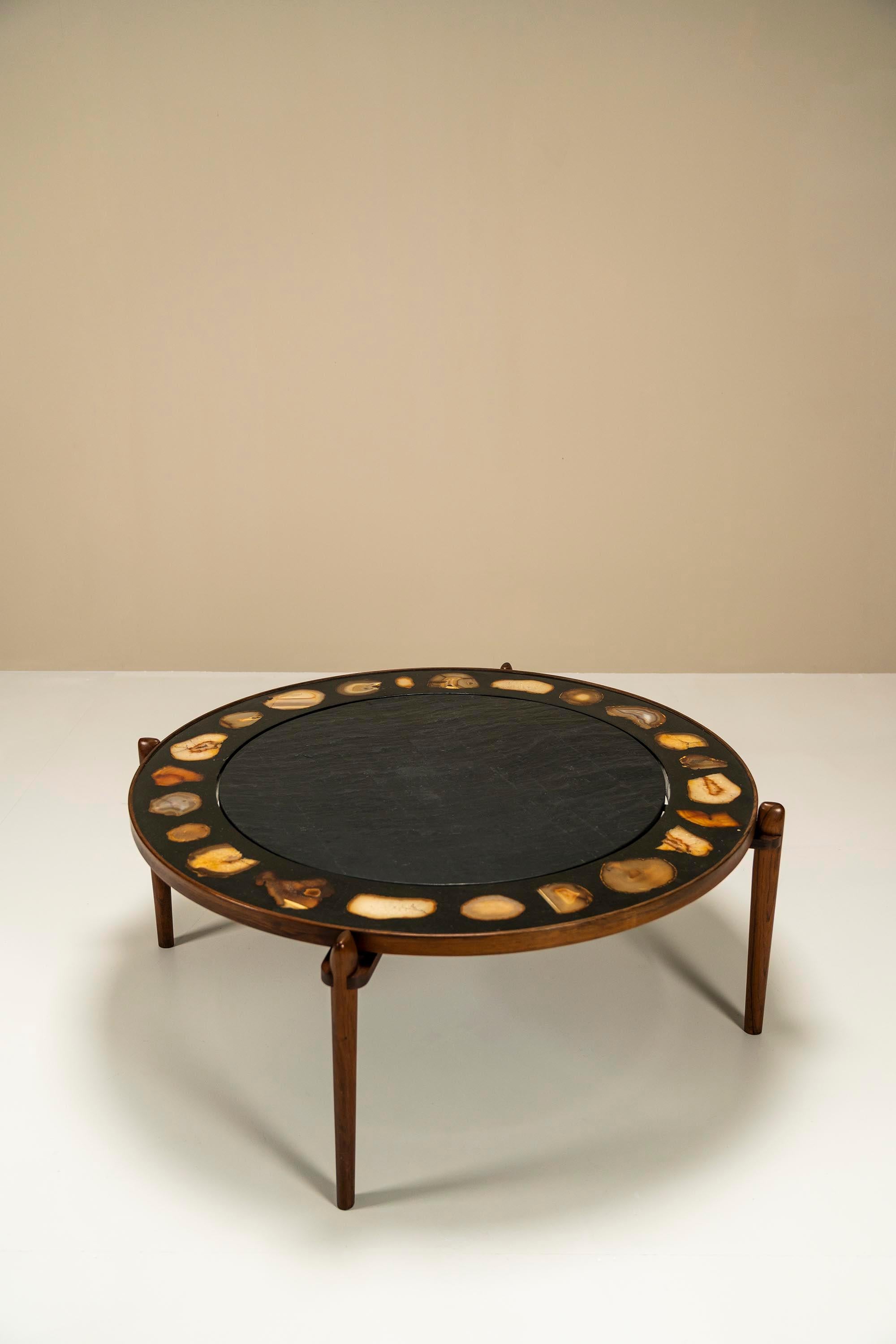 German Heinz Lilienthal E8 Coffee Table in Rosewood, Blue Stone and Agate, the 1970s For Sale
