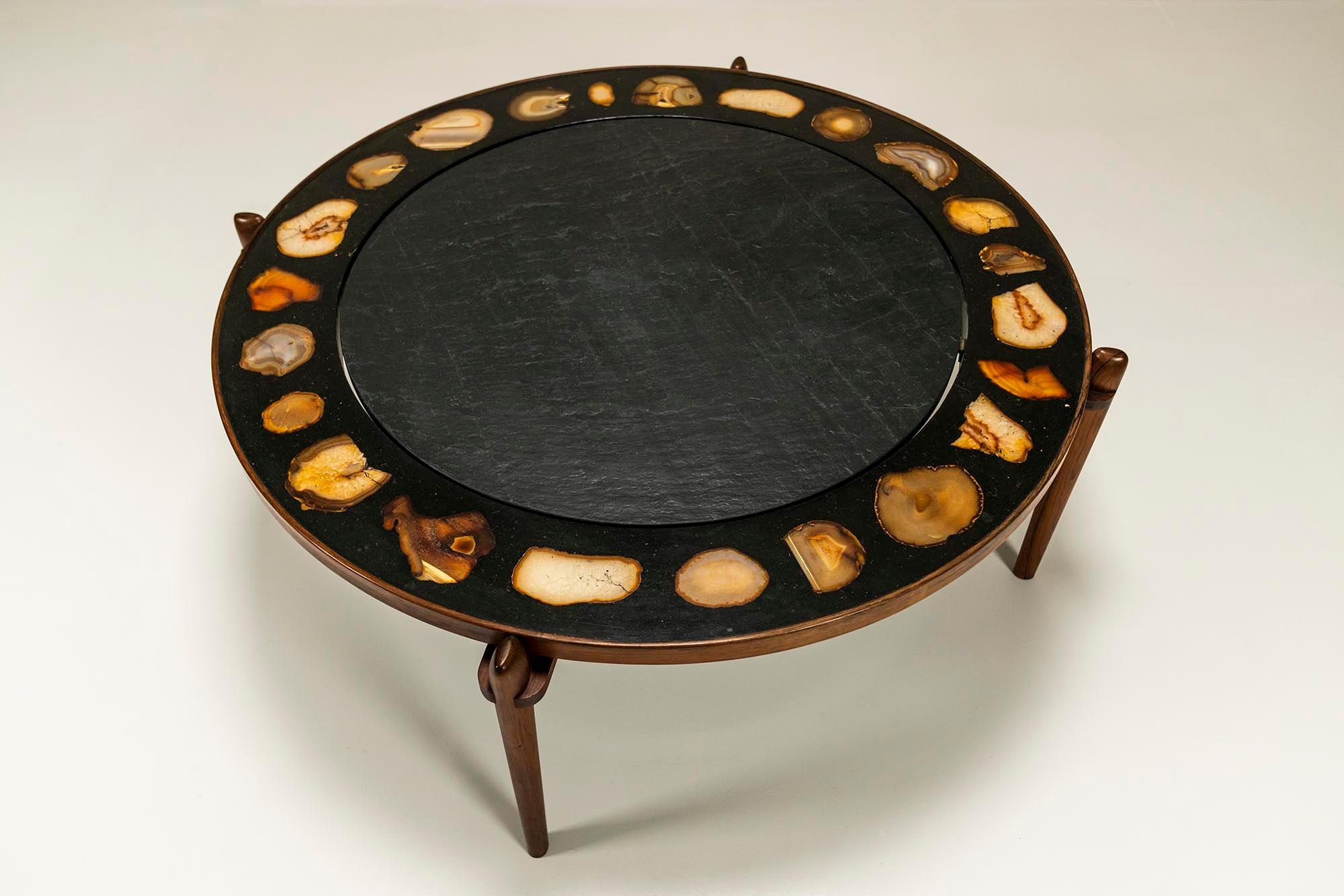 Heinz Lilienthal E8 Coffee Table in Rosewood, Blue Stone and Agate, the 1970s In Good Condition For Sale In Hellouw, NL