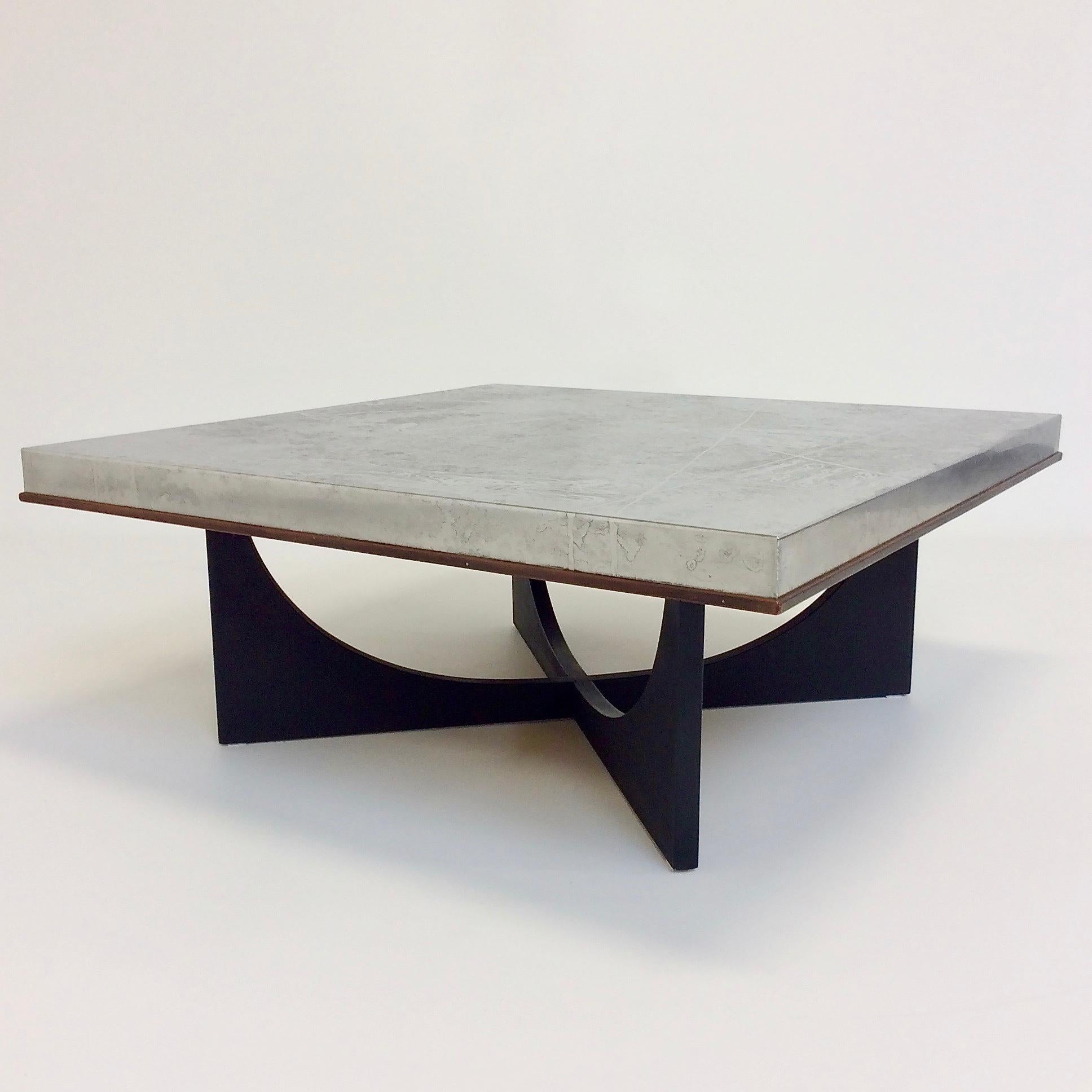Nice coffee table by Heinz Lilienthal, circa 1970, Germany.
Etched metal, wood frame, black painted wood base.
Dimensions: 111 cm W, 111 cm D, 45 cm H.
Good original condition.
All purchases are covered by our Buyer Protection Guarantee.
This item